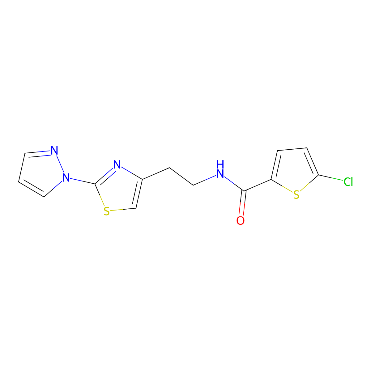 N-(2-(2-(1H-pyrazol-1-yl)thiazol-4-yl)ethyl)-5-chlorothiophene-2-carboxamide molecular structure, CAS 1428371-16-7