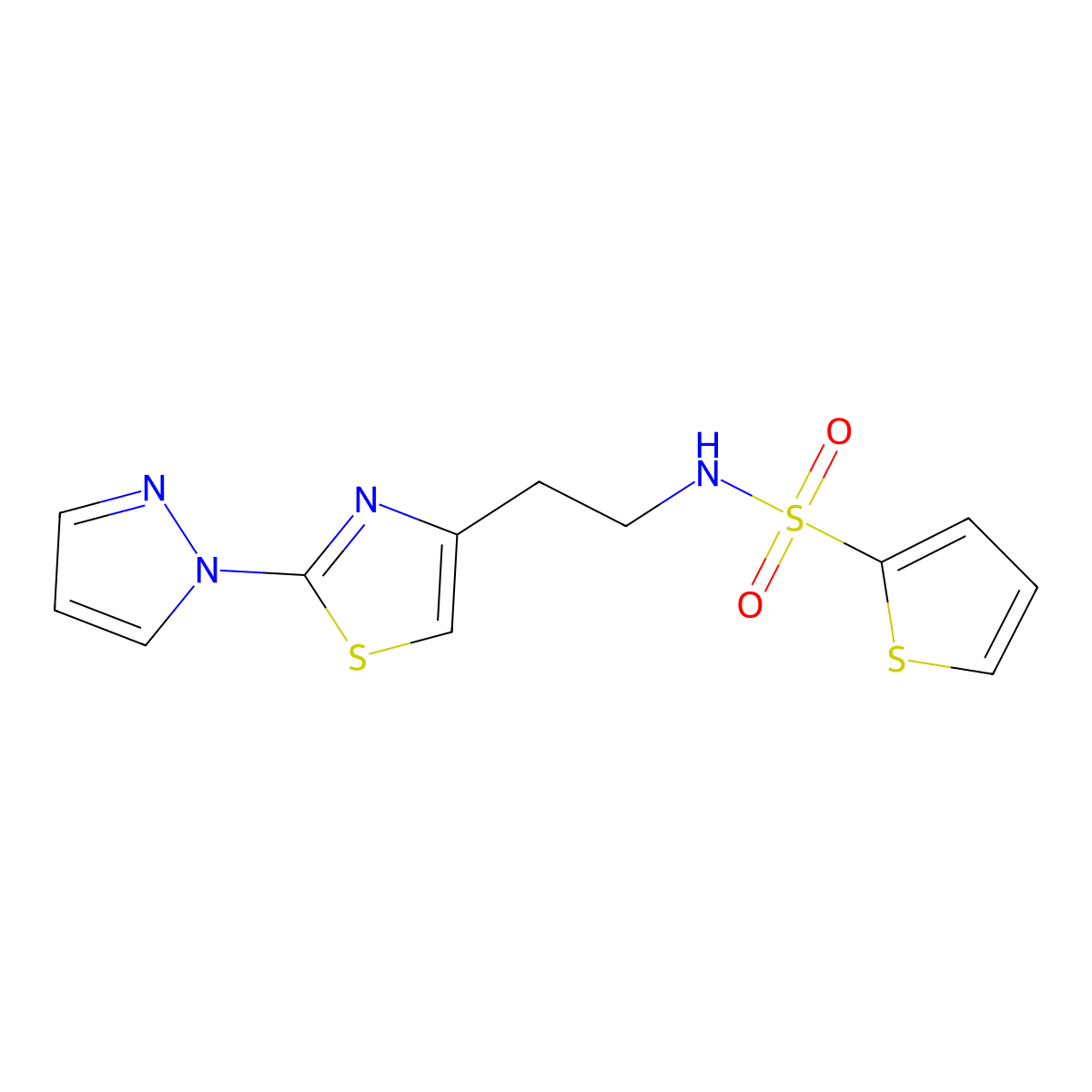 N-(2-(2-(1H-pyrazol-1-yl)thiazol-4-yl)ethyl)thiophene-2-sulfonamide molecular structure, CAS 1428371-23-6