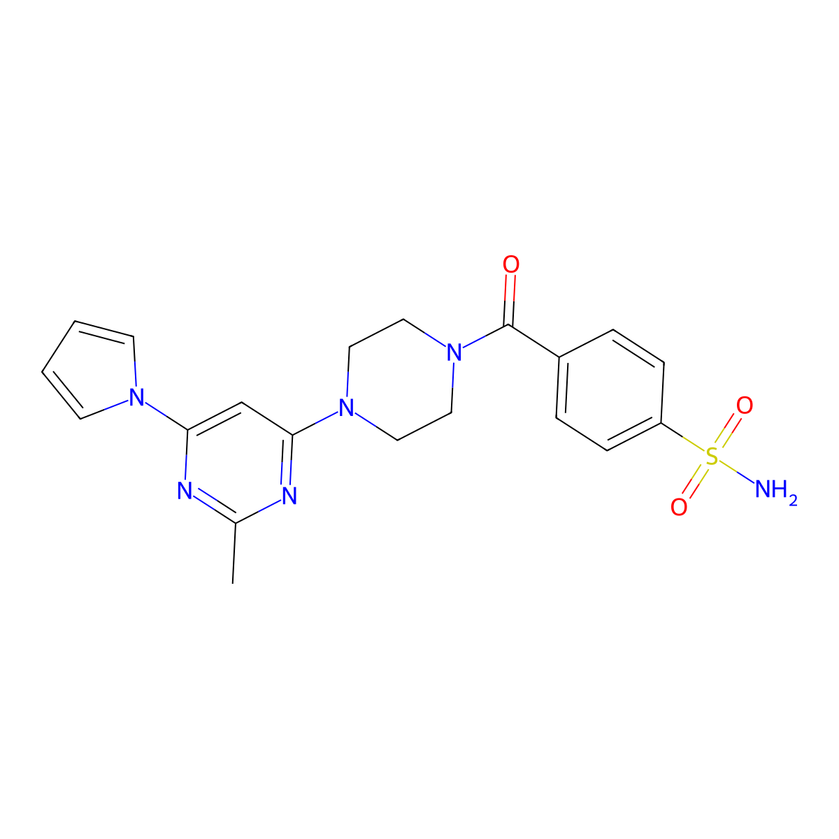 4-(4-(2-methyl-6-(1H-pyrrol-1-yl)pyrimidin-4-yl)piperazine-1-carbonyl)benzenesulfonamide molecular structure, CAS 1428371-24-7