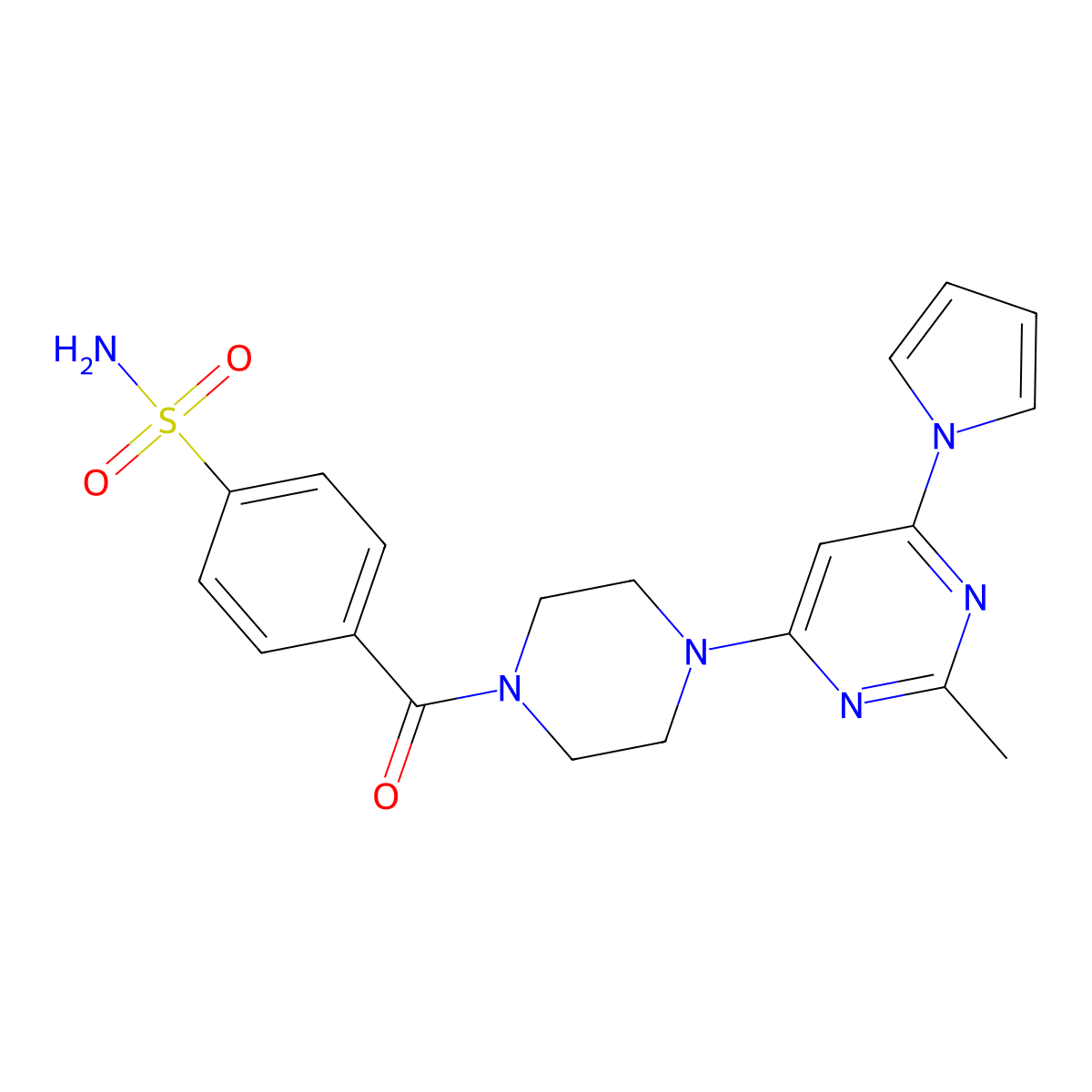 4-(4-(2-methyl-6-(1H-pyrrol-1-yl)pyrimidin-4-yl)piperazine-1-carbonyl)benzenesulfonamide molecular structure, CAS 1428371-24-7