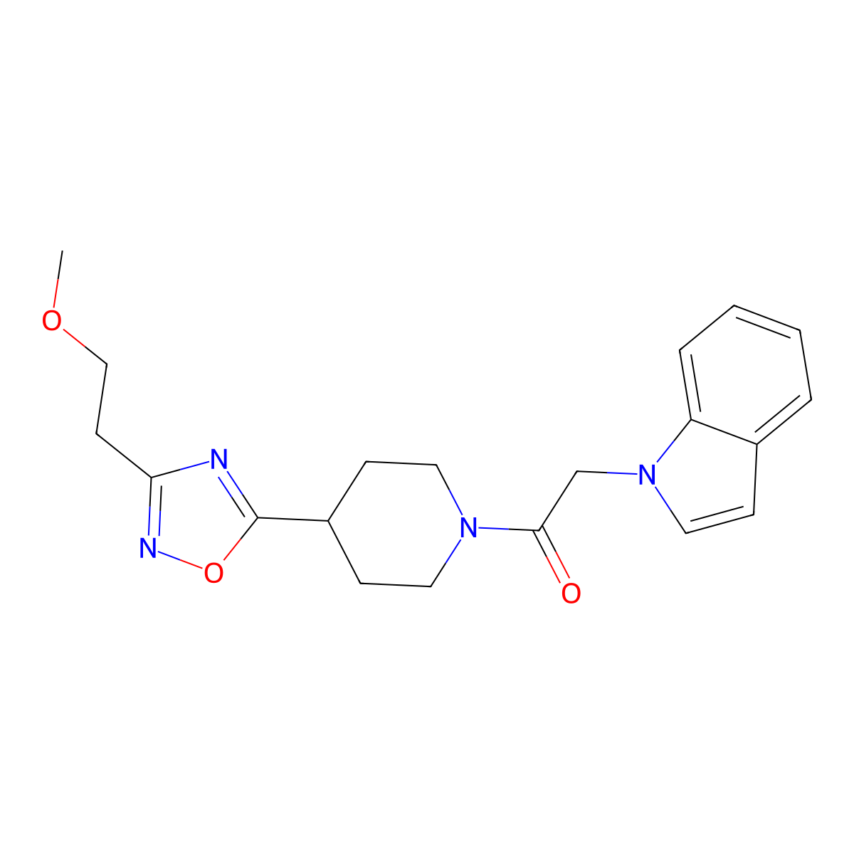 2-(1H-indol-1-yl)-1-(4-(3-(2-methoxyethyl)-1,2,4-oxadiazol-5-yl)piperidin-1-yl)ethanone molecular structure, CAS 1428371-26-9