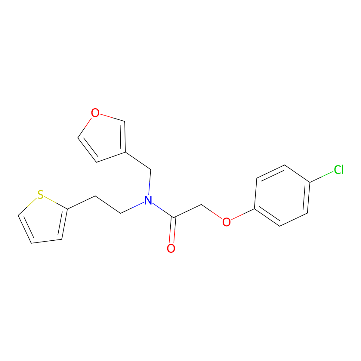 2-(4-chlorophenoxy)-N-(furan-3-ylmethyl)-N-(2-(thiophen-2-yl)ethyl)acetamide molecular structure, CAS 1428371-49-6