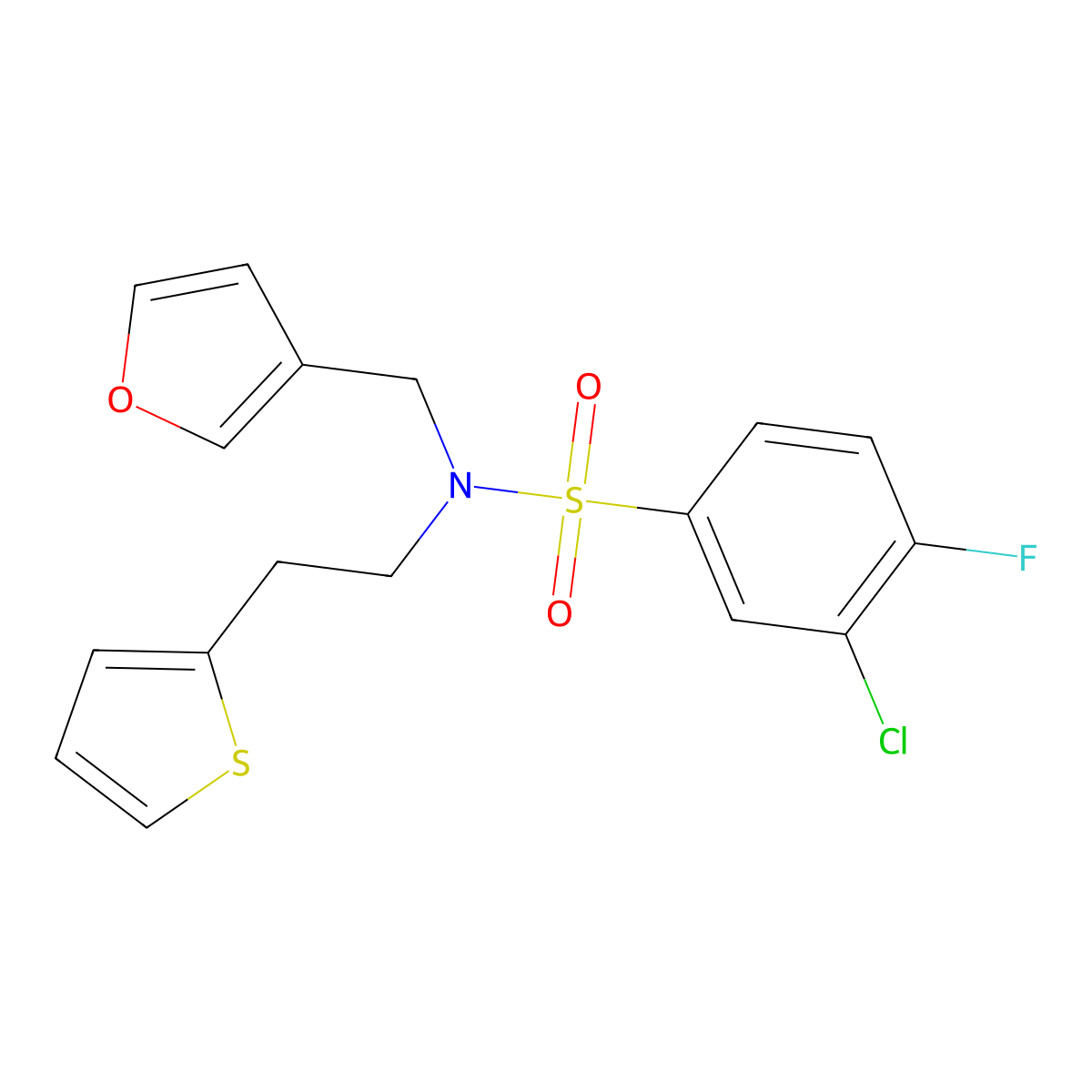 3-chloro-4-fluoro-N-(furan-3-ylmethyl)-N-(2-(thiophen-2-yl)ethyl)benzenesulfonamide molecular structure, CAS 1428371-53-2