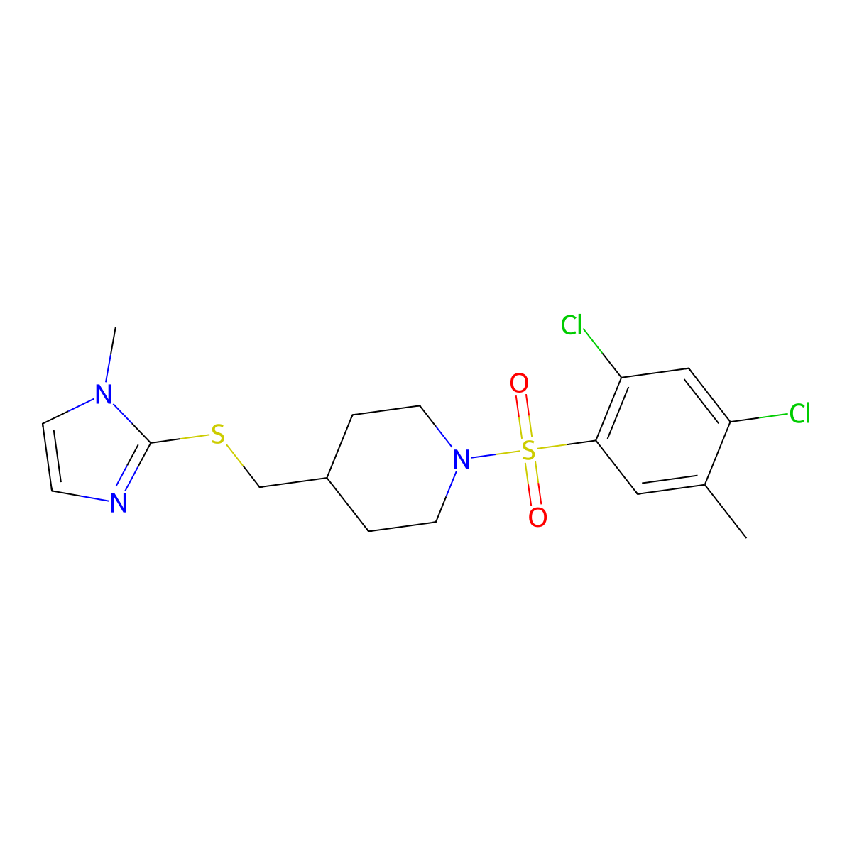 1-((2,4-dichloro-5-methylphenyl)sulfonyl)-4-(((1-methyl-1H-imidazol-2-yl)thio)methyl)piperidine molecular structure, CAS 1428371-65-6