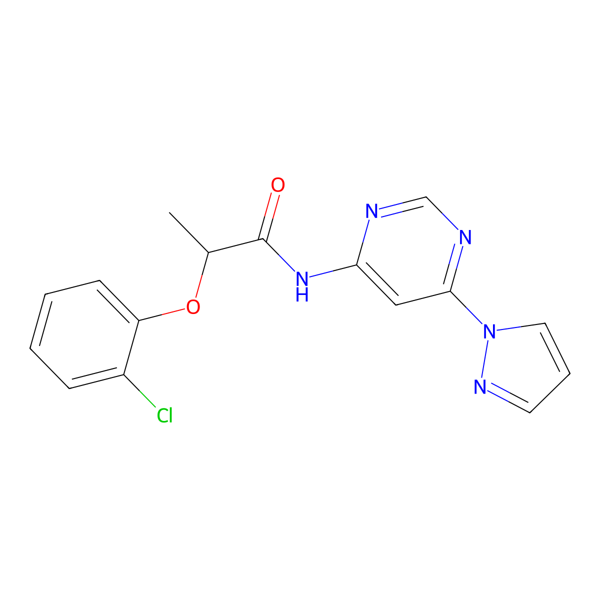N-(6-(1H-pyrazol-1-yl)pyrimidin-4-yl)-2-(2-chlorophenoxy)propanamide molecular structure, CAS 1428371-66-7