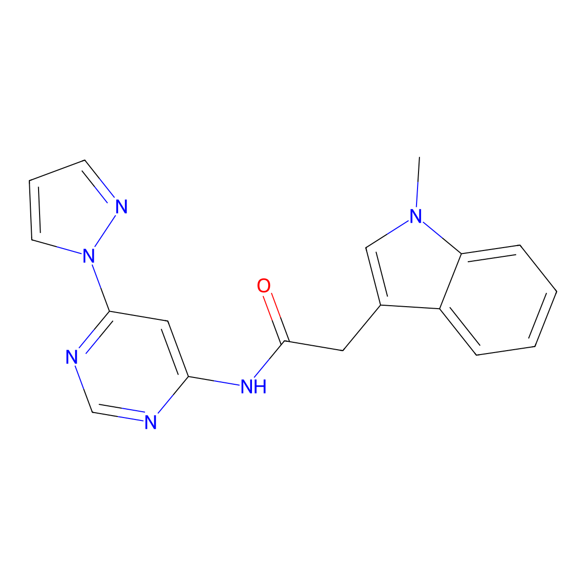 N-(6-(1H-pyrazol-1-yl)pyrimidin-4-yl)-2-(1-methyl-1H-indol-3-yl)acetamide molecular structure, CAS 1428371-78-1