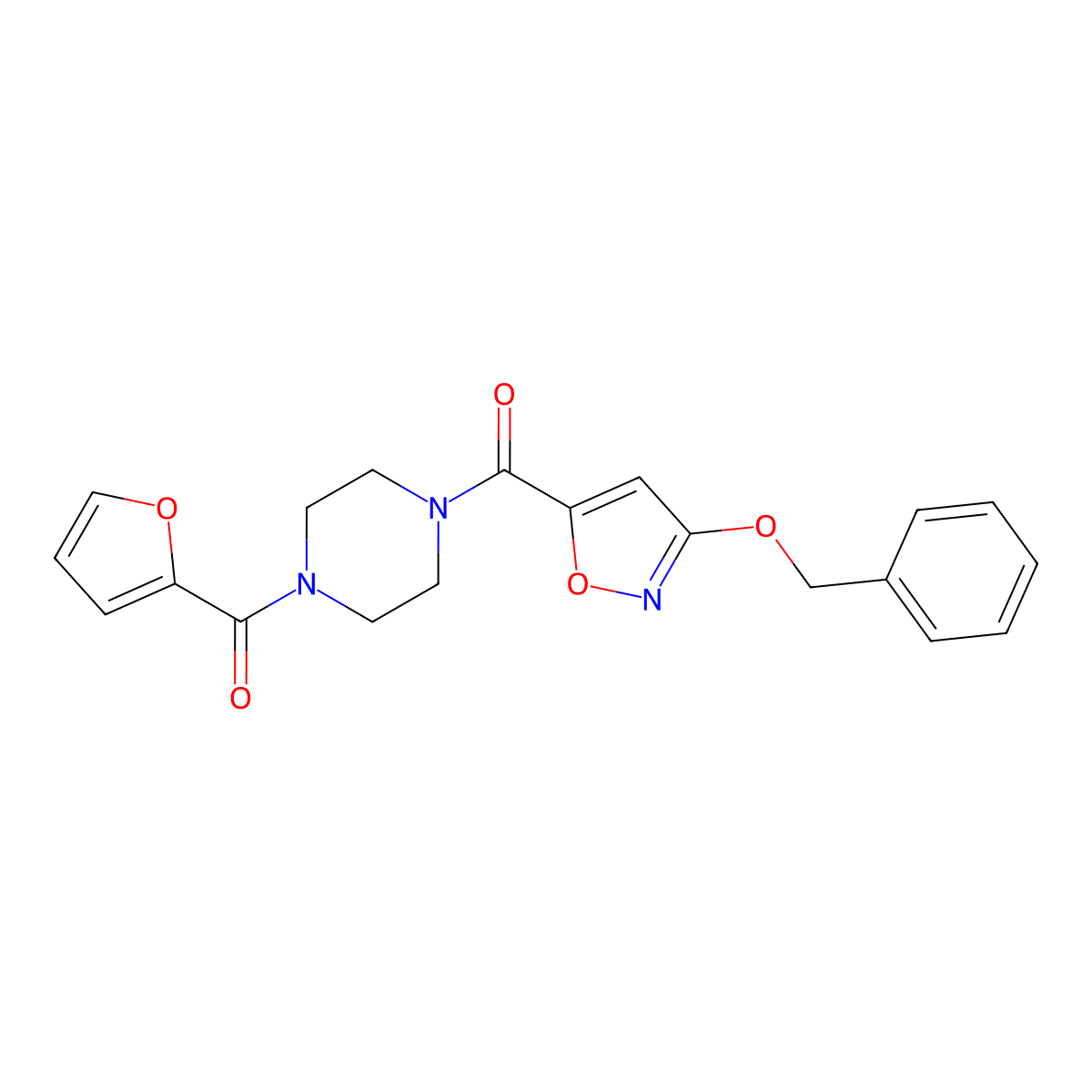 (3-(Benzyloxy)isoxazol-5-yl)(4-(furan-2-carbonyl)piperazin-1-yl)methanone molecular structure, CAS 1428371-90-7