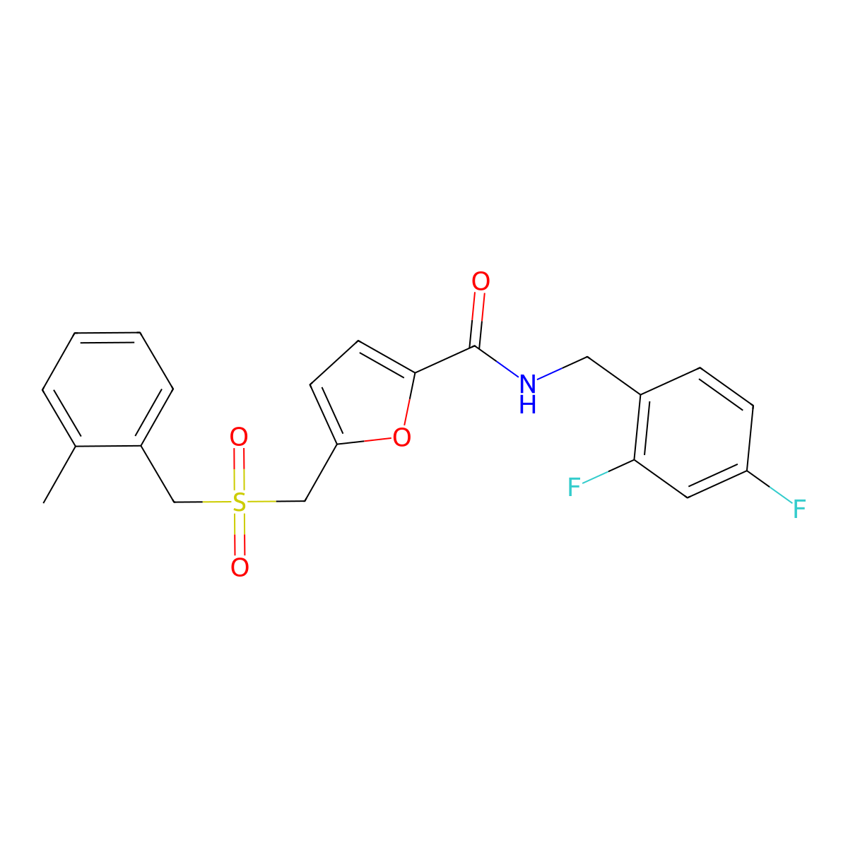 N-(2,4-difluorobenzyl)-5-(((2-methylbenzyl)sulfonyl)methyl)furan-2-carboxamide molecular structure, CAS 1428371-91-8