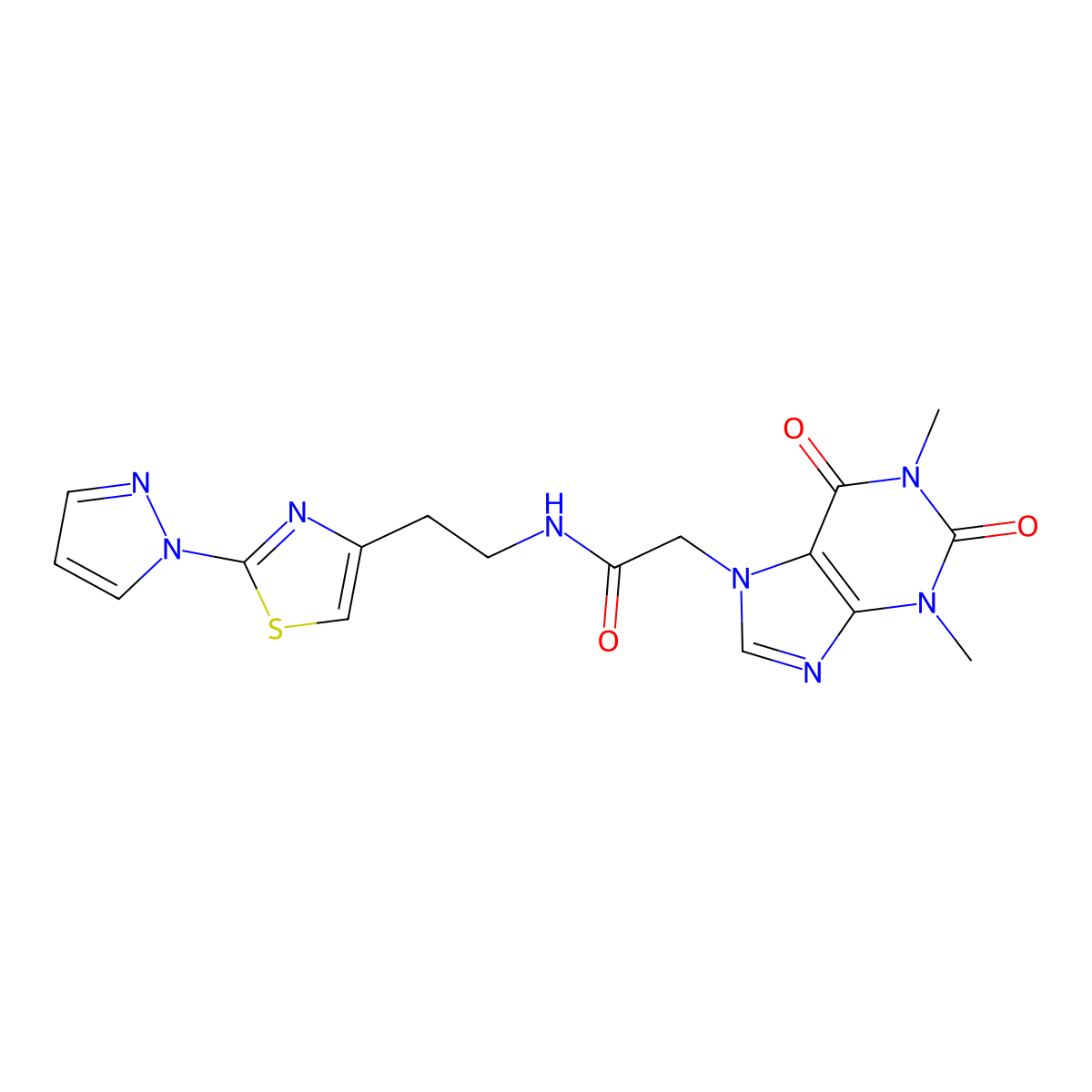 N-(2-(2-(1H-pyrazol-1-yl)thiazol-4-yl)ethyl)-2-(1,3-dimethyl-2,6-dioxo-2,3-dihydro-1H-purin-7(6H)-yl)acetamide molecular structure, CAS 1428371-98-5