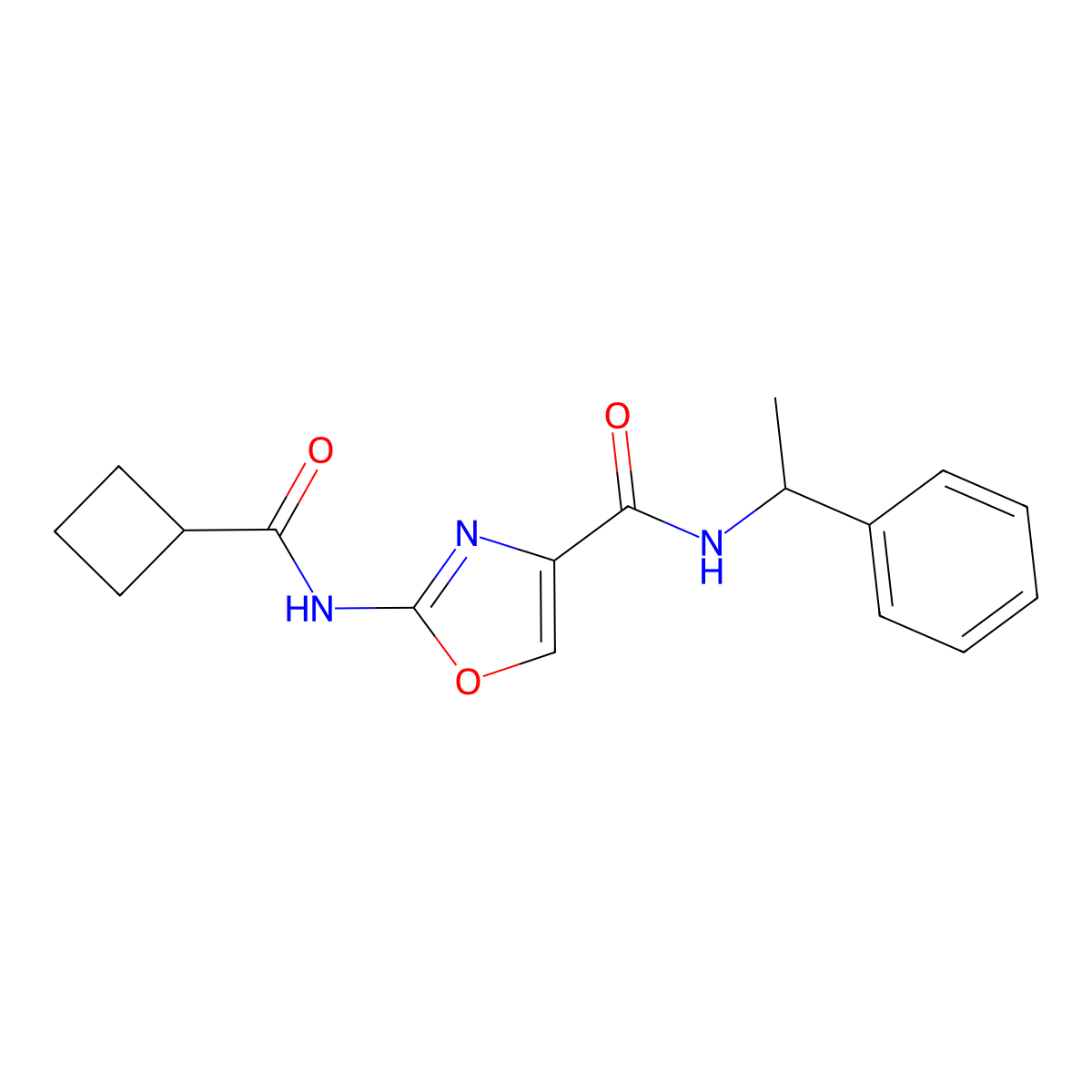 2-(cyclobutanecarboxamido)-N-(1-phenylethyl)oxazole-4-carboxamide molecular structure, CAS 1428372-02-4