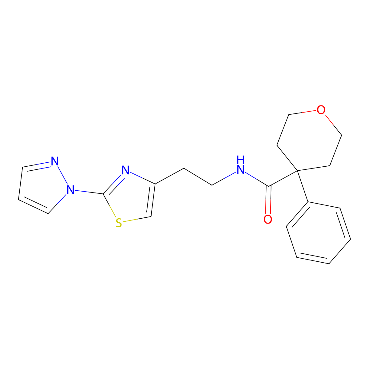 N-(2-(2-(1H-pyrazol-1-yl)thiazol-4-yl)ethyl)-4-phenyltetrahydro-2H-pyran-4-carboxamide molecular structure, CAS 1428372-12-6