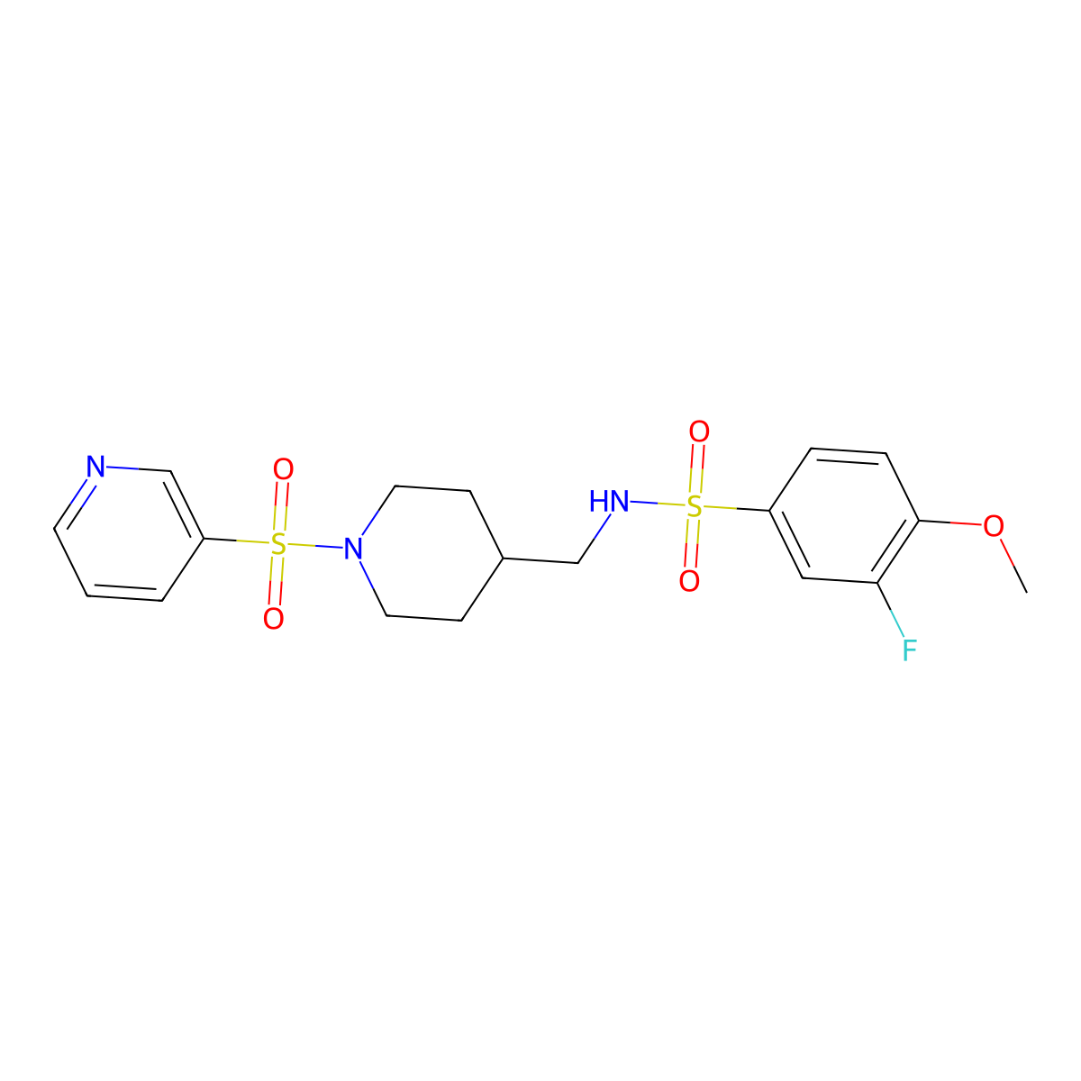 3-fluoro-4-methoxy-N-((1-(pyridin-3-ylsulfonyl)piperidin-4-yl)methyl)benzenesulfonamide molecular structure, CAS 1428372-15-9