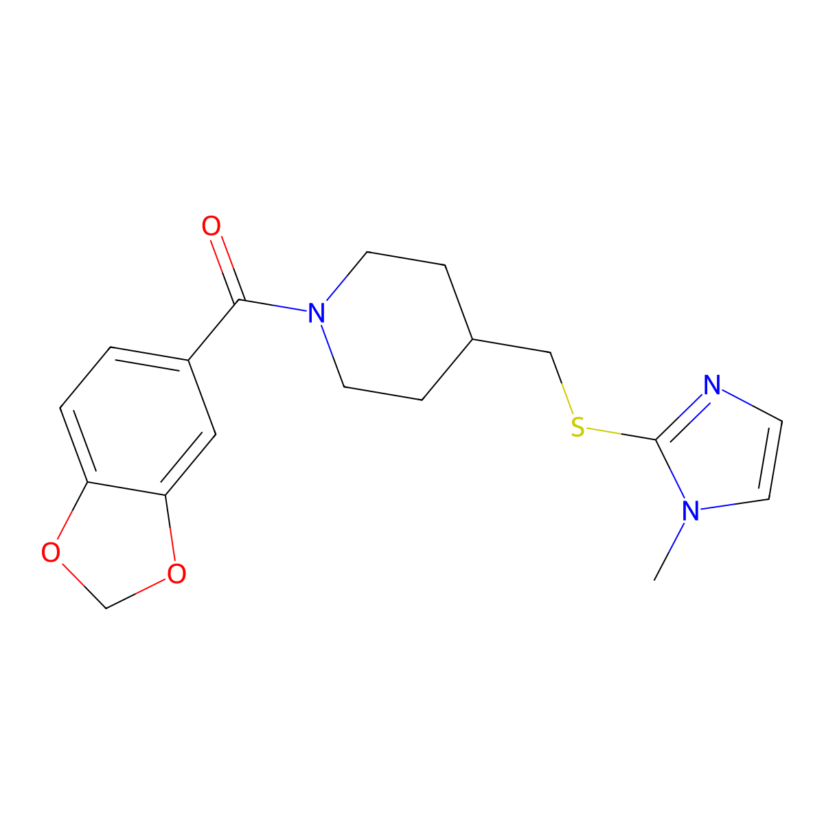 benzo[d][1,3]dioxol-5-yl(4-(((1-methyl-1H-imidazol-2-yl)thio)methyl)piperidin-1-yl)methanone molecular structure, CAS 1428372-20-6