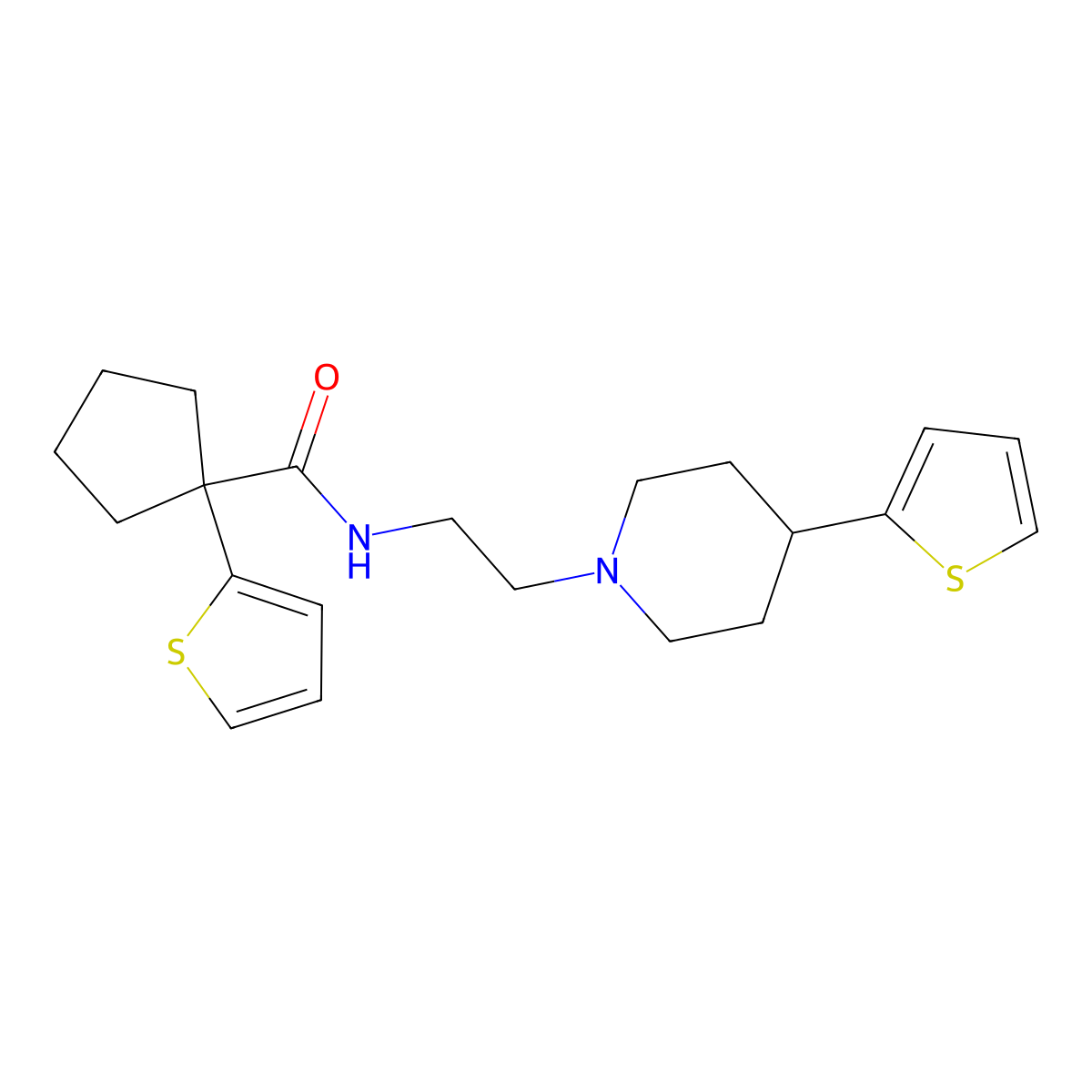 1-(thiophen-2-yl)-N-(2-(4-(thiophen-2-yl)piperidin-1-yl)ethyl)cyclopentanecarboxamide molecular structure, CAS 1428372-28-4