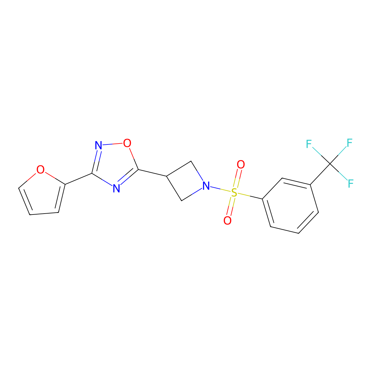 3-(Furan-2-yl)-5-(1-((3-(trifluoromethyl)phenyl)sulfonyl)azetidin-3-yl)-1,2,4-oxadiazole molecular structure, CAS 1428372-30-8