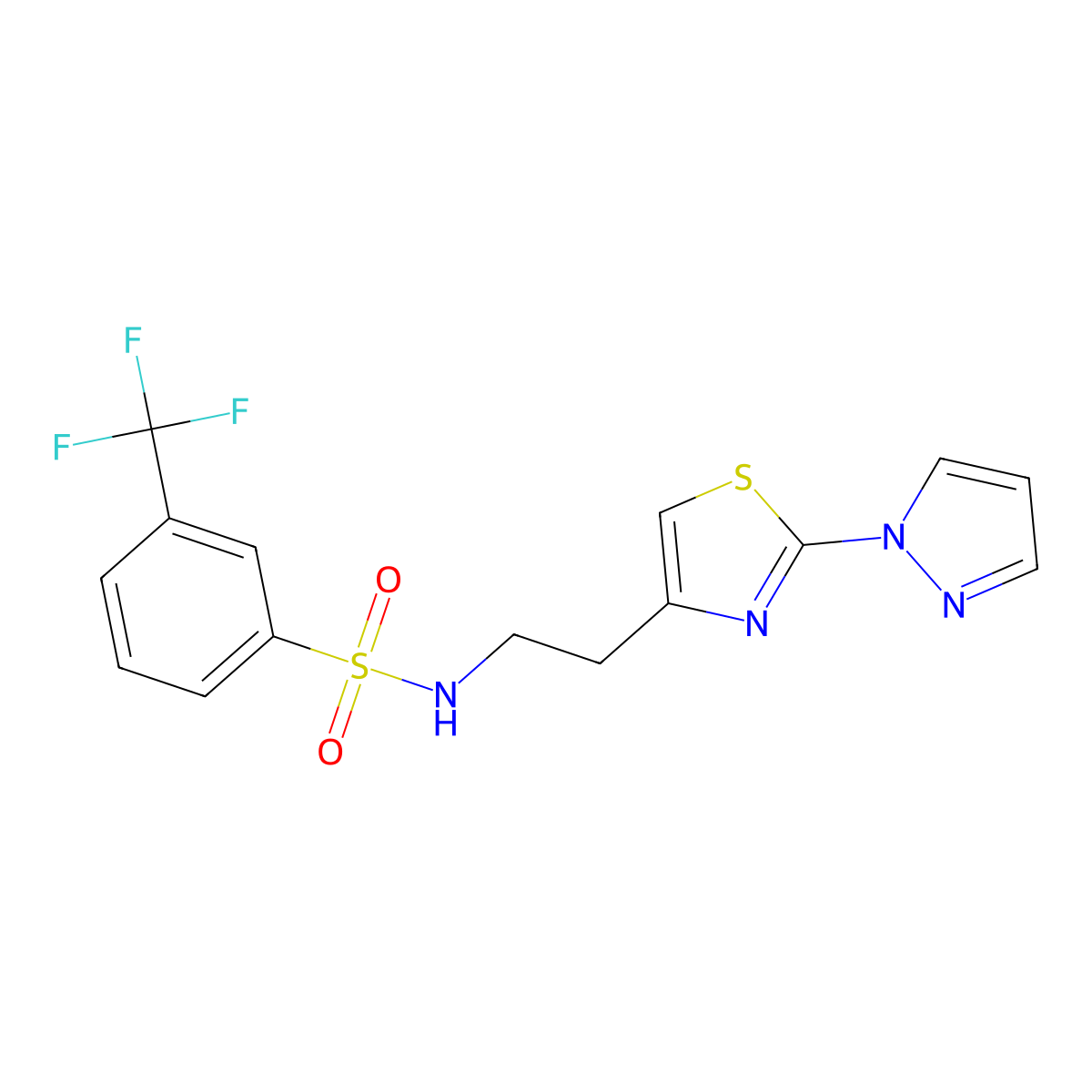 N-(2-(2-(1H-pyrazol-1-yl)thiazol-4-yl)ethyl)-3-(trifluoromethyl)benzenesulfonamide molecular structure, CAS 1428372-33-1