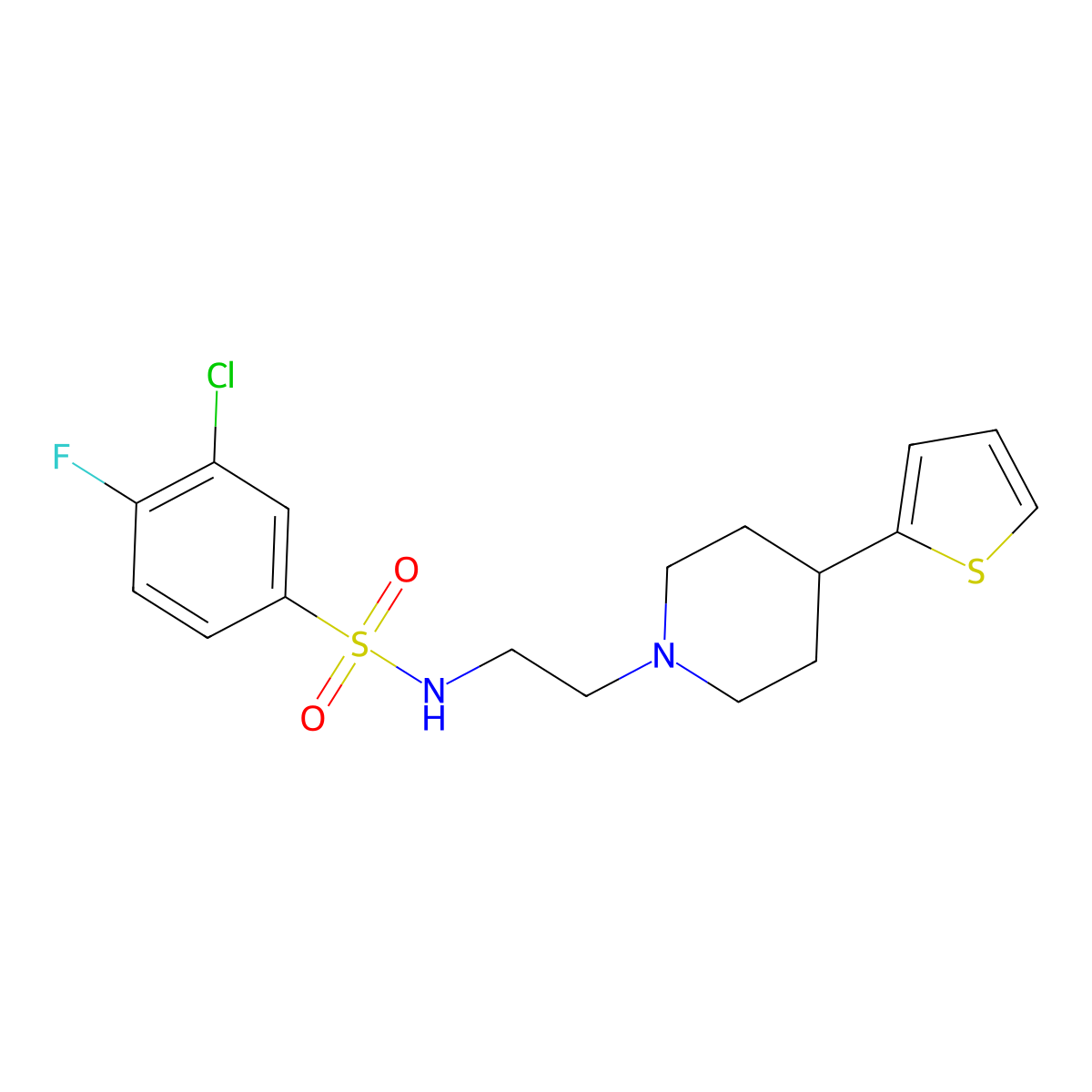 3-chloro-4-fluoro-N-(2-(4-(thiophen-2-yl)piperidin-1-yl)ethyl)benzenesulfonamide molecular structure, CAS 1428372-40-0