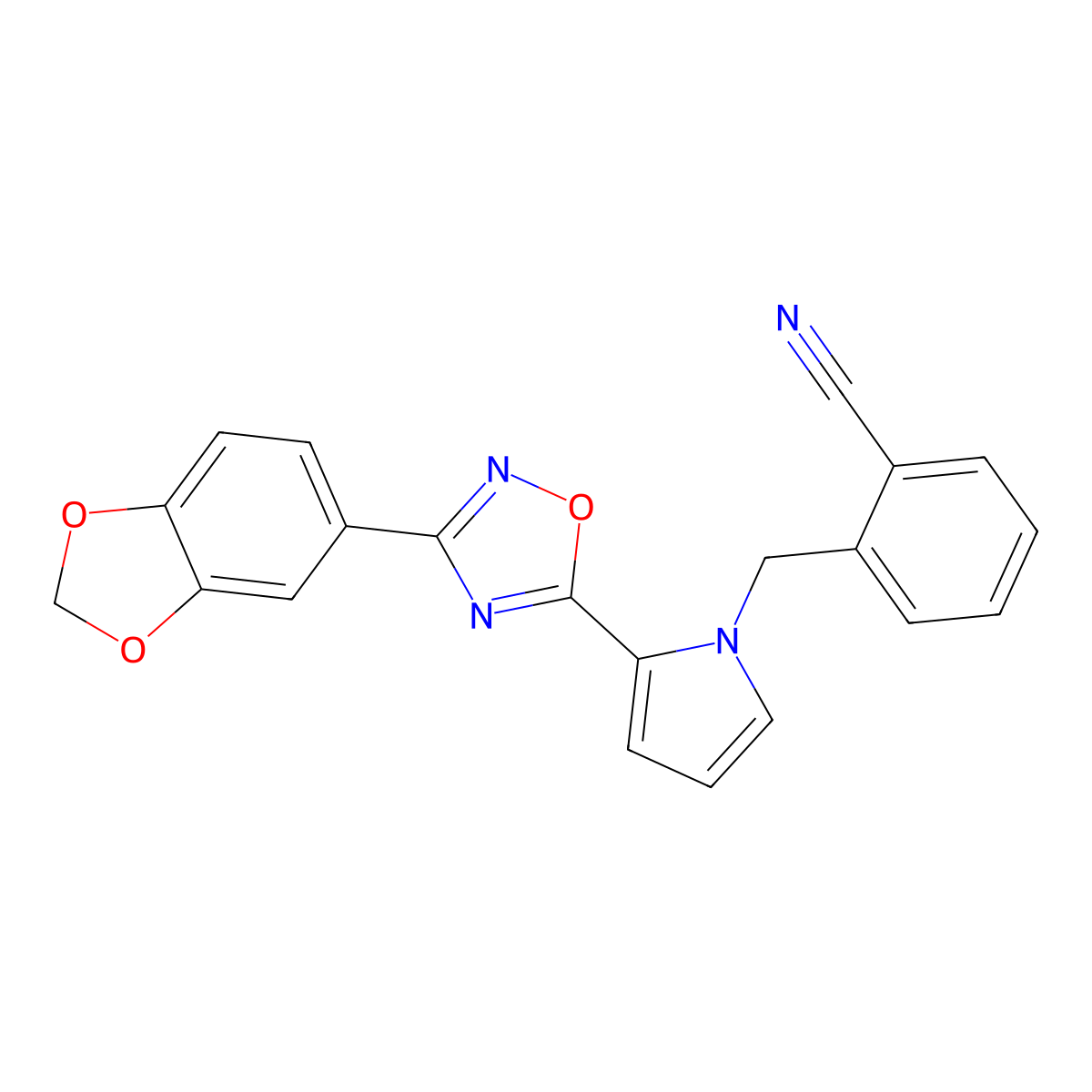 2-((2-(3-(benzo[d][1,3]dioxol-5-yl)-1,2,4-oxadiazol-5-yl)-1H-pyrrol-1-yl)methyl)benzonitrile molecular structure, CAS 1428372-43-3