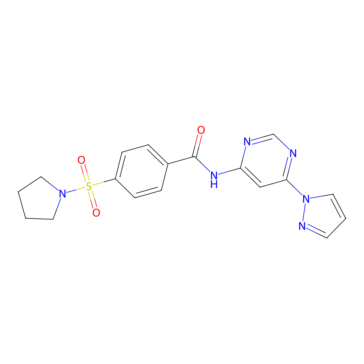 N-(6-(1H-pyrazol-1-yl)pyrimidin-4-yl)-4-(pyrrolidin-1-ylsulfonyl)benzamide molecular structure, CAS 1428372-54-6