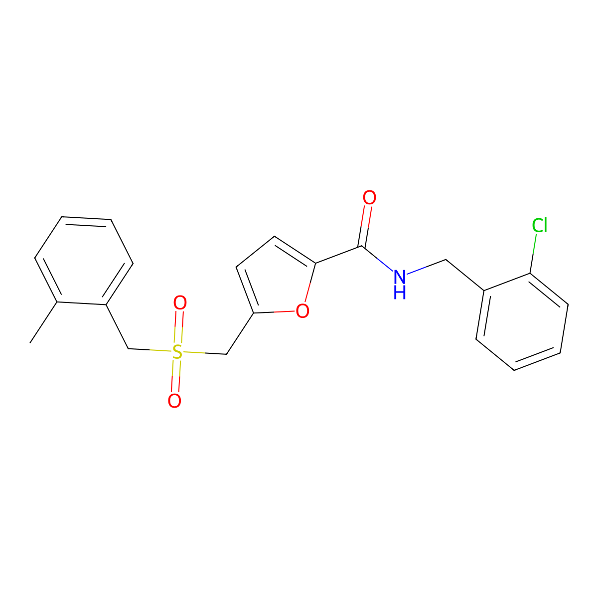 N-(2-chlorobenzyl)-5-(((2-methylbenzyl)sulfonyl)methyl)furan-2-carboxamide molecular structure, CAS 1428372-58-0