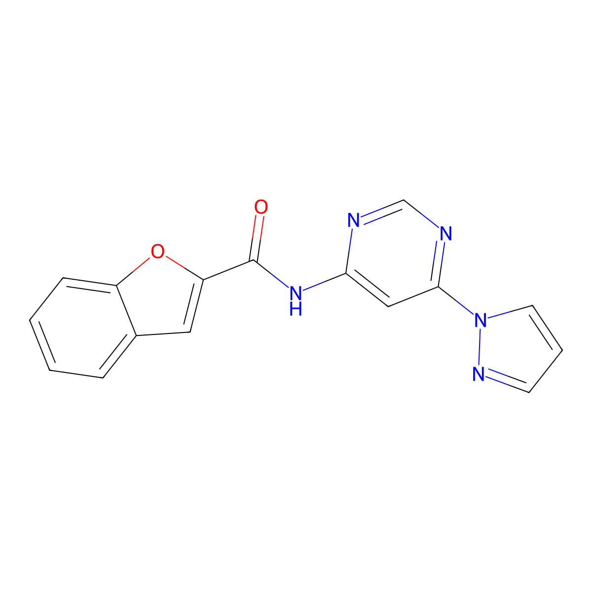 N-(6-(1H-pyrazol-1-yl)pyrimidin-4-yl)benzofuran-2-carboxamide molecular structure, CAS 1428372-72-8