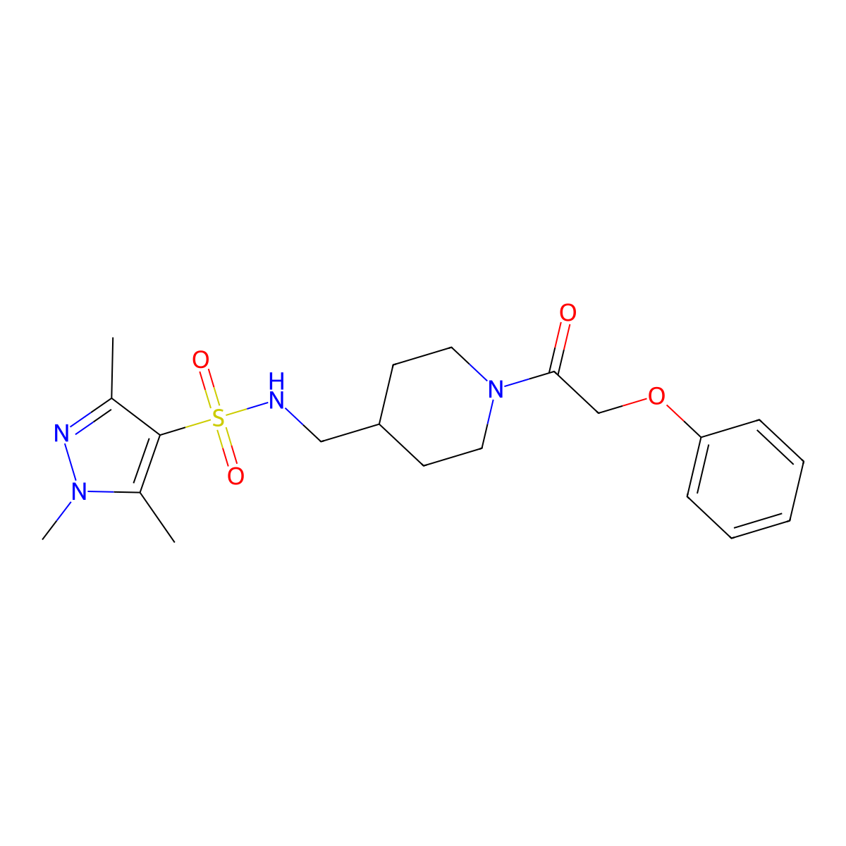 1,3,5-trimethyl-N-{[1-(2-phenoxyacetyl)piperidin-4-yl]methyl}-1H-pyrazole-4-sulfonamide molecular structure, CAS 1428372-78-4
