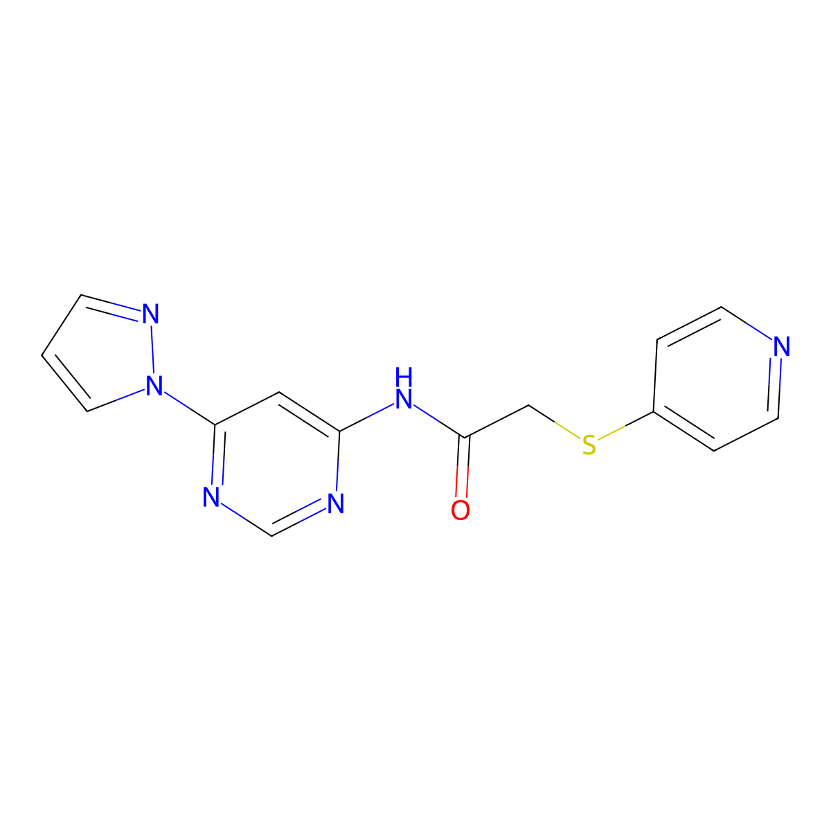 N-(6-(1H-pyrazol-1-yl)pyrimidin-4-yl)-2-(pyridin-4-ylthio)acetamide molecular structure, CAS 1428372-80-8