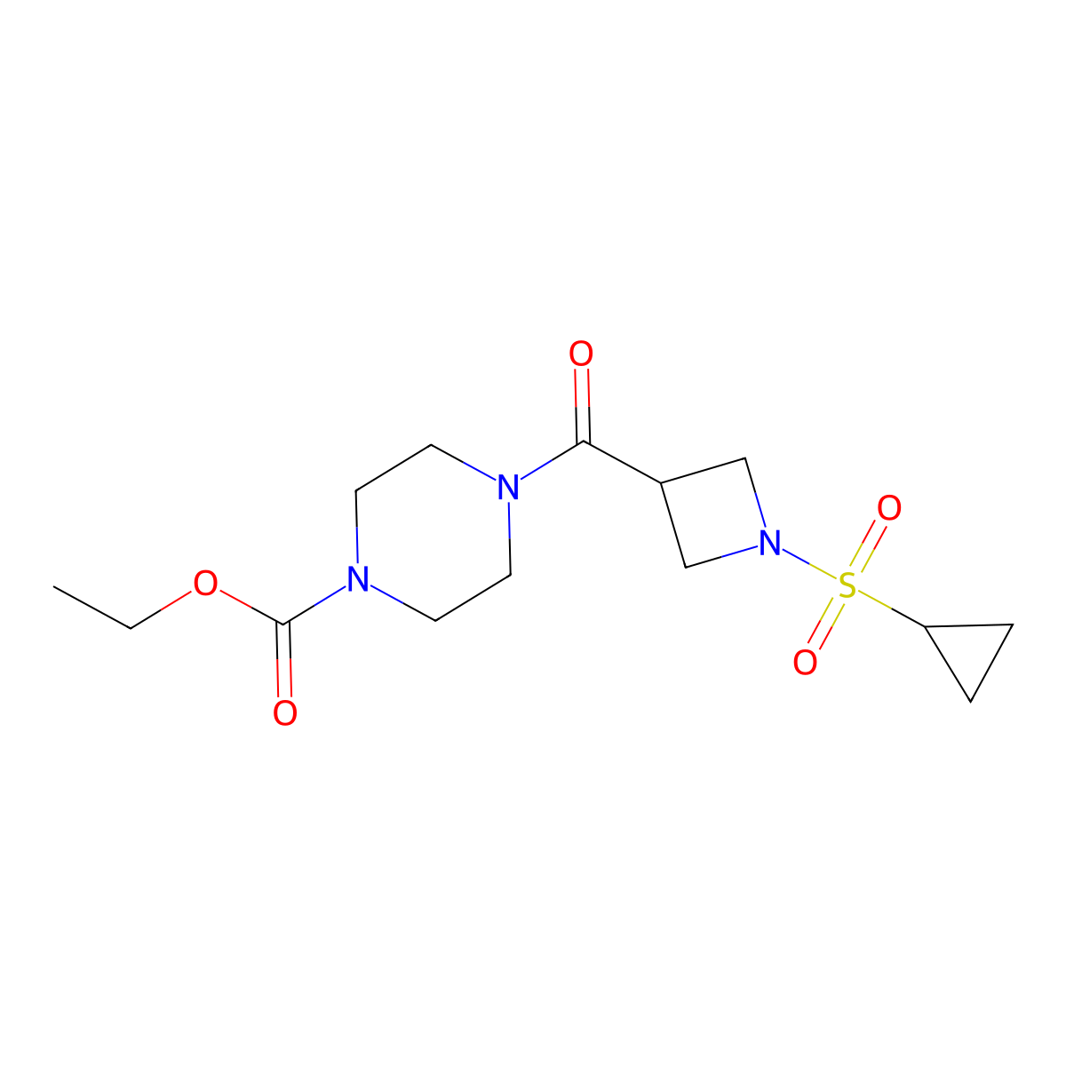 Ethyl 4-(1-(cyclopropylsulfonyl)azetidine-3-carbonyl)piperazine-1-carboxylate molecular structure, CAS 1428372-82-0