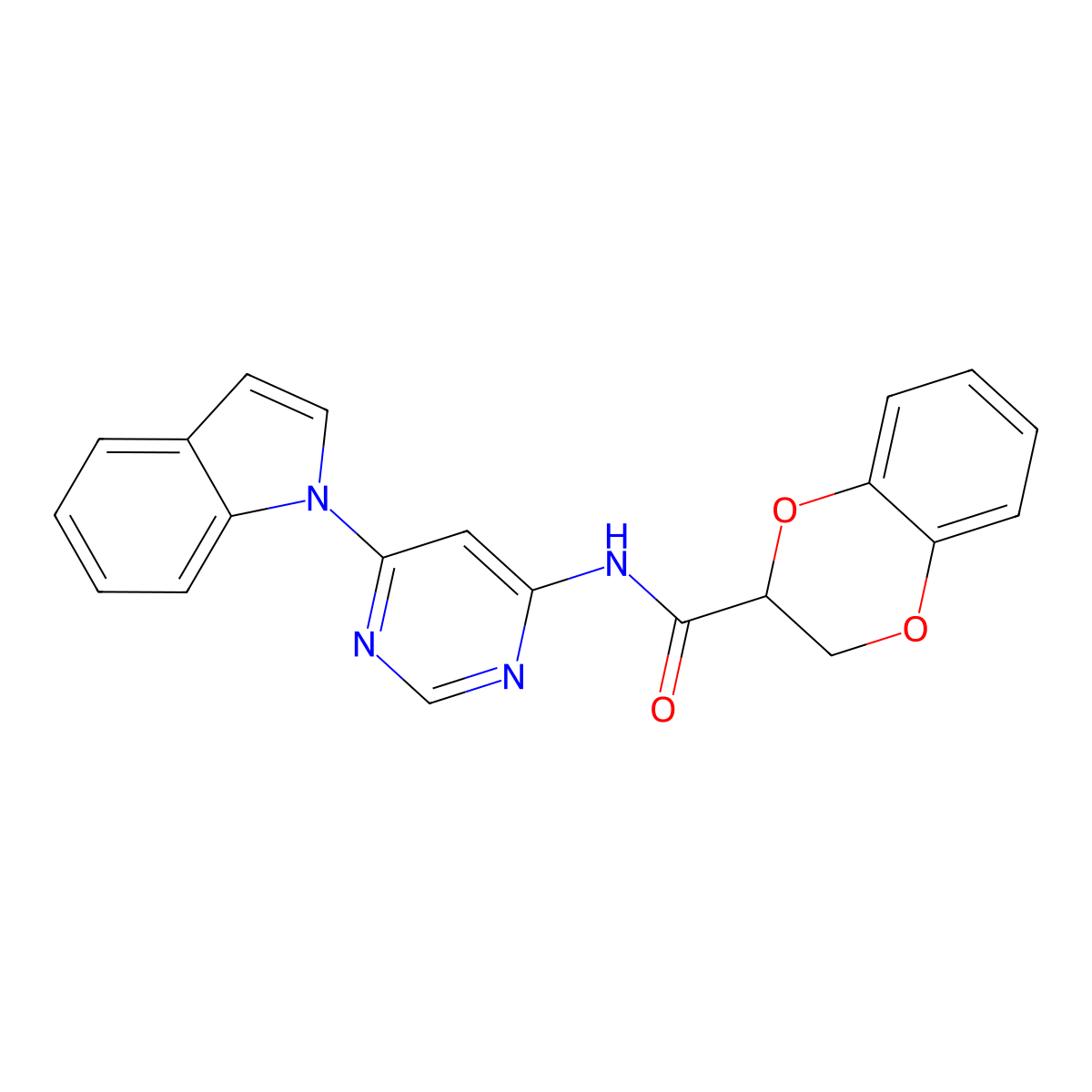N-(6-(1H-indol-1-yl)pyrimidin-4-yl)-2,3-dihydrobenzo[b][1,4]dioxine-2-carboxamide molecular structure, CAS 1428372-84-2