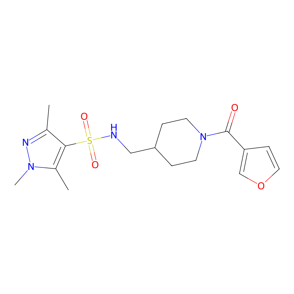 N-((1-(furan-3-carbonyl)piperidin-4-yl)methyl)-1,3,5-trimethyl-1H-pyrazole-4-sulfonamide molecular structure, CAS 1428372-87-5