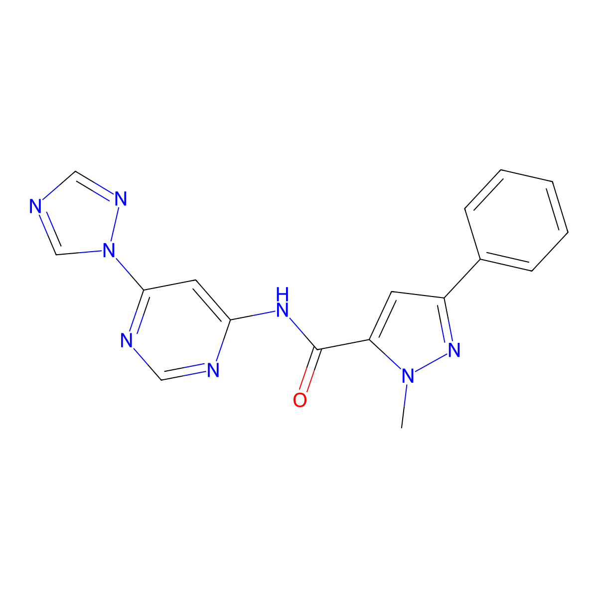 N-(6-(1H-1,2,4-triazol-1-yl)pyrimidin-4-yl)-1-methyl-3-phenyl-1H-pyrazole-5-carboxamide molecular structure, CAS 1428372-88-6