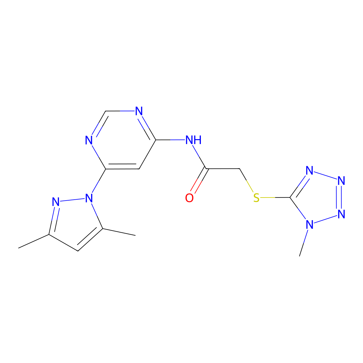 N-(6-(3,5-dimethyl-1H-pyrazol-1-yl)pyrimidin-4-yl)-2-((1-methyl-1H-tetrazol-5-yl)thio)acetamide molecular structure, CAS 1428372-90-0