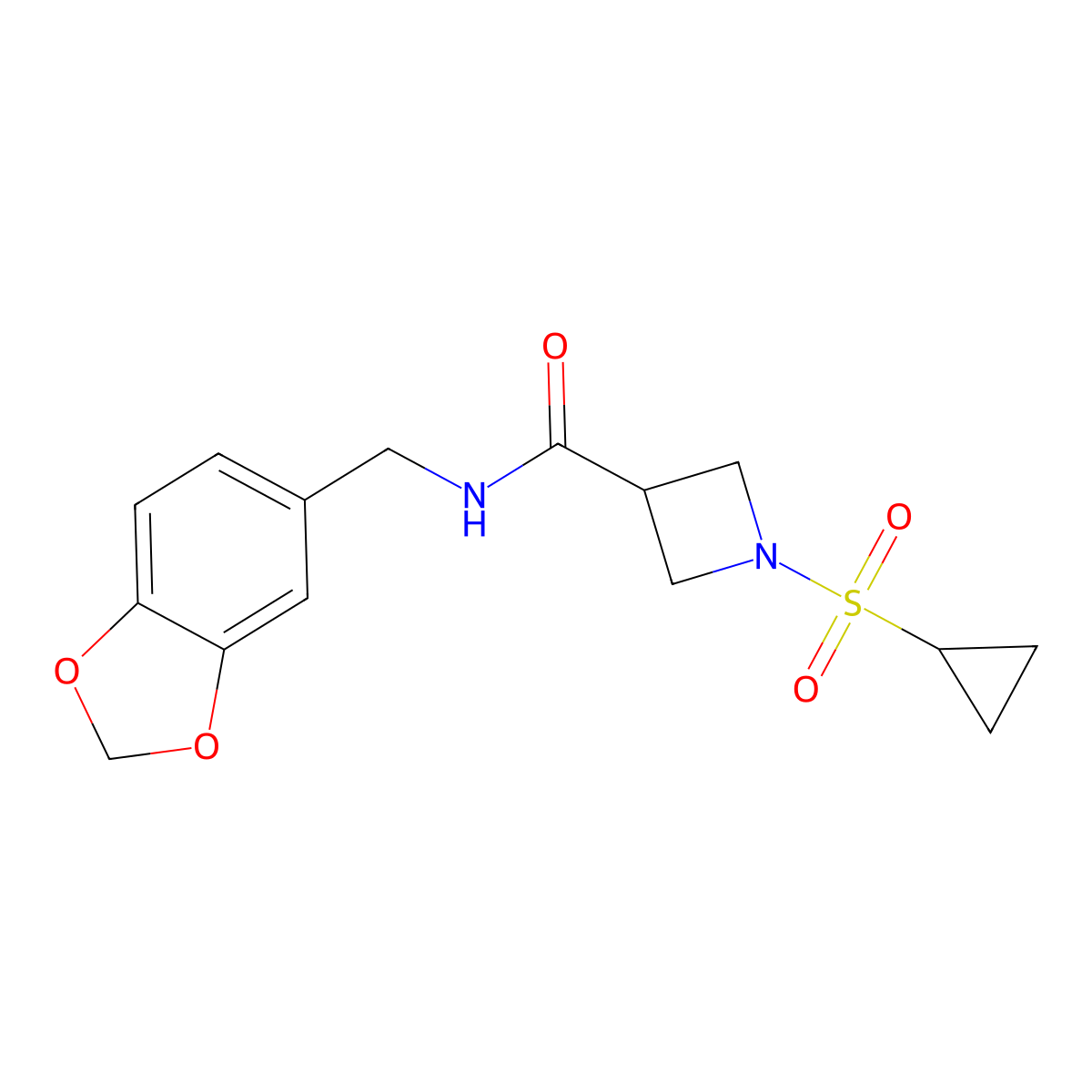 N-(benzo[d][1,3]dioxol-5-ylmethyl)-1-(cyclopropylsulfonyl)azetidine-3-carboxamide molecular structure, CAS 1428372-95-5