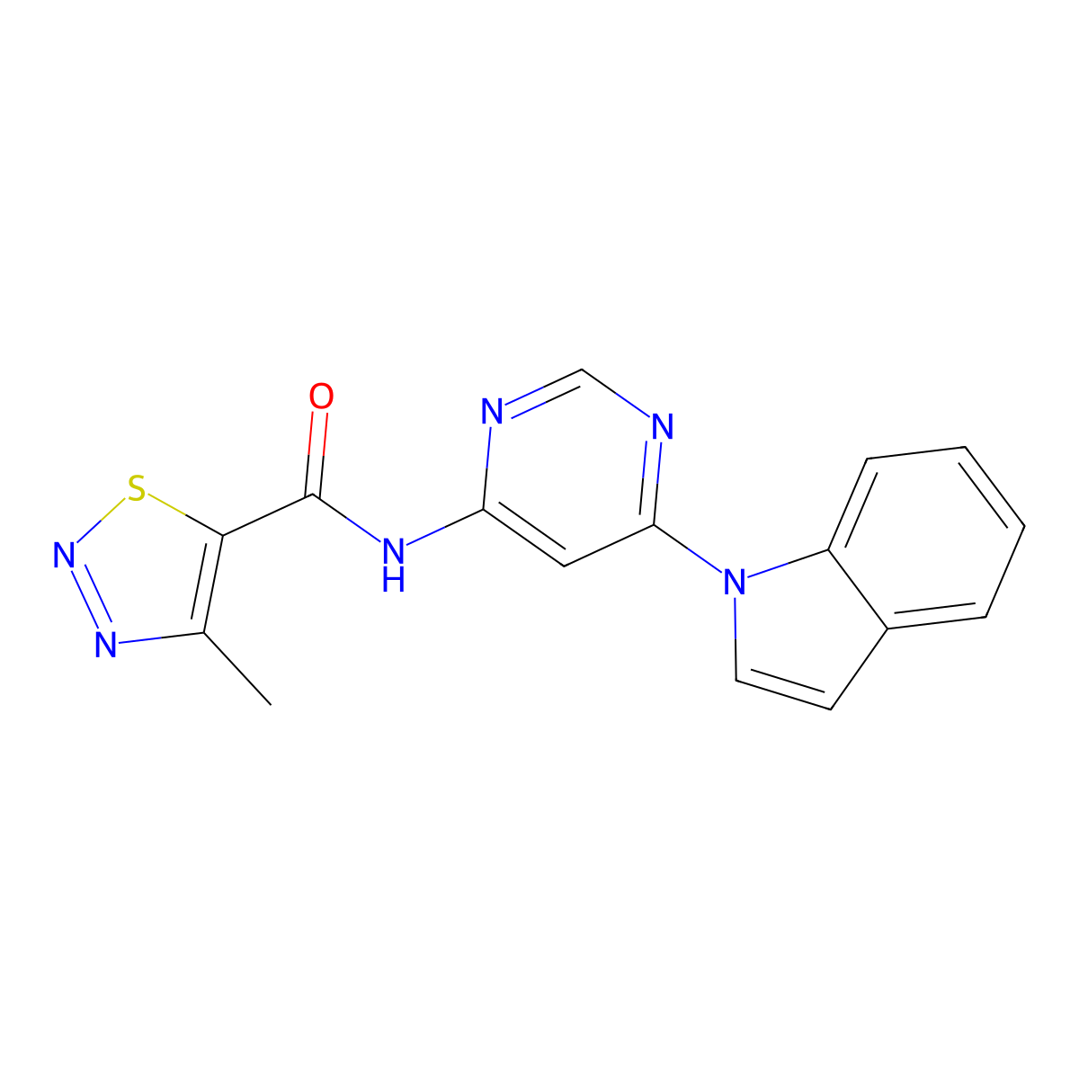 N-(6-(1H-indol-1-yl)pyrimidin-4-yl)-4-methyl-1,2,3-thiadiazole-5-carboxamide molecular structure, CAS 1428373-06-1