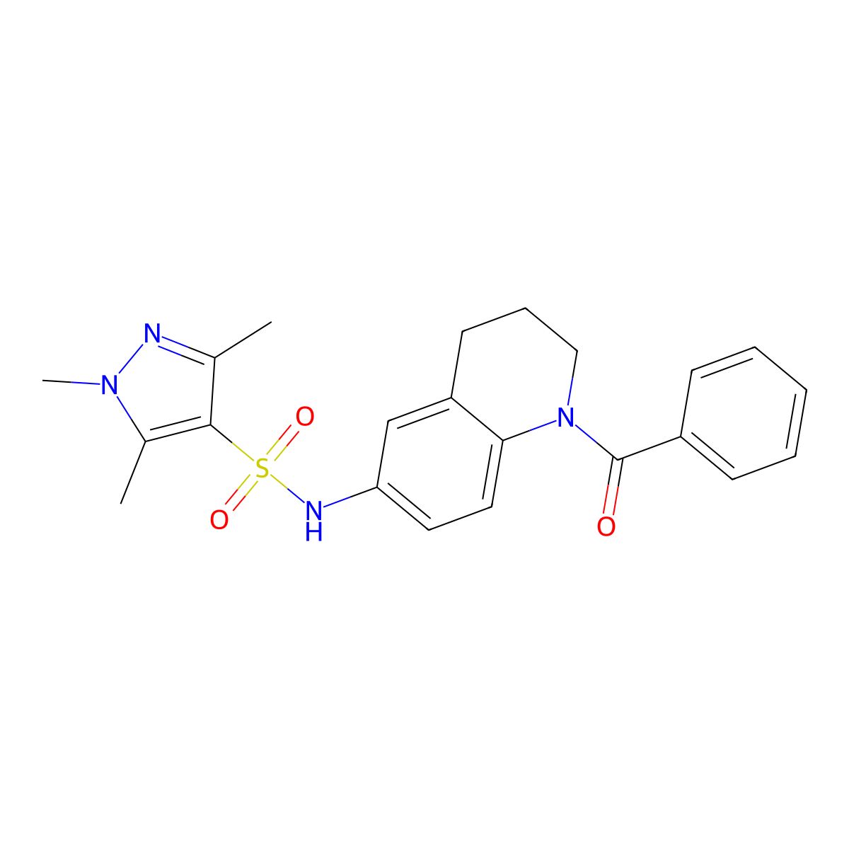 N-(1-benzoyl-1,2,3,4-tetrahydroquinolin-6-yl)-1,3,5-trimethyl-1H-pyrazole-4-sulfonamide molecular structure, CAS 1428373-07-2