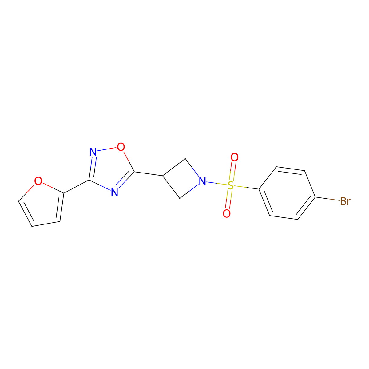 5-(1-((4-Bromophenyl)sulfonyl)azetidin-3-yl)-3-(furan-2-yl)-1,2,4-oxadiazole molecular structure, CAS 1428373-09-4