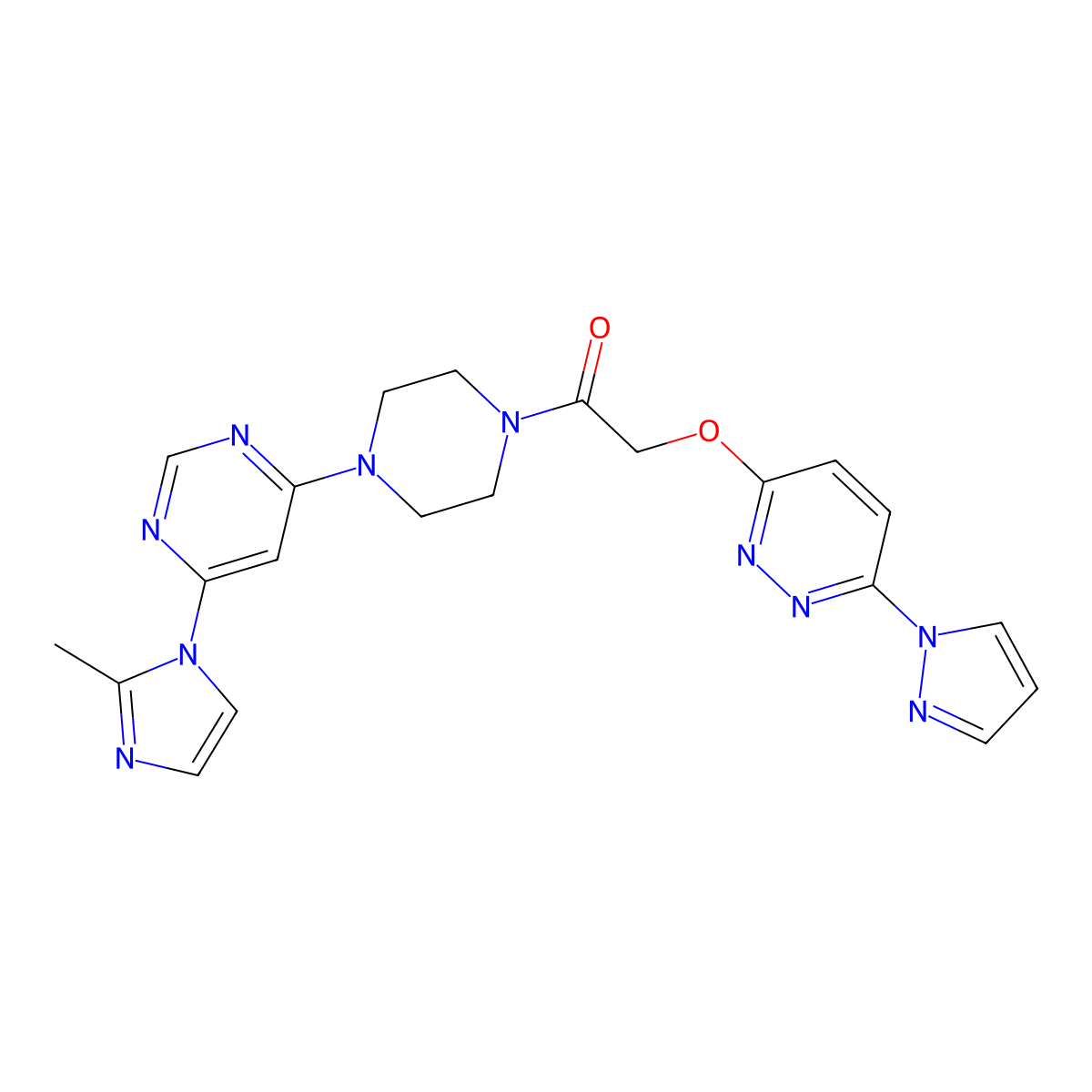 2-((6-(1H-pyrazol-1-yl)pyridazin-3-yl)oxy)-1-(4-(6-(2-methyl-1H-imidazol-1-yl)pyrimidin-4-yl)piperazin-1-yl)ethanone molecular structure, CAS 1428373-15-2