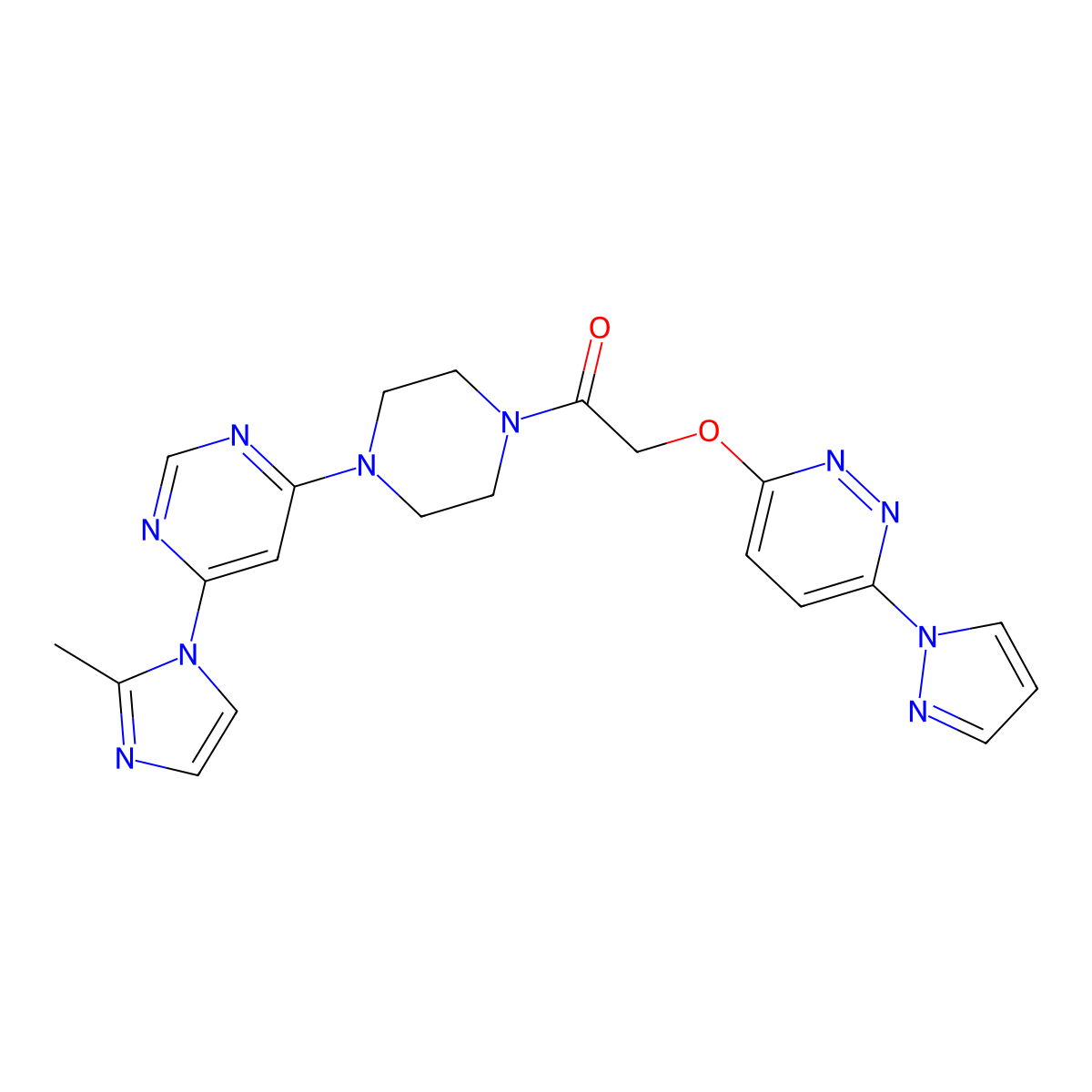 2-((6-(1H-pyrazol-1-yl)pyridazin-3-yl)oxy)-1-(4-(6-(2-methyl-1H-imidazol-1-yl)pyrimidin-4-yl)piperazin-1-yl)ethanone molecular structure, CAS 1428373-15-2