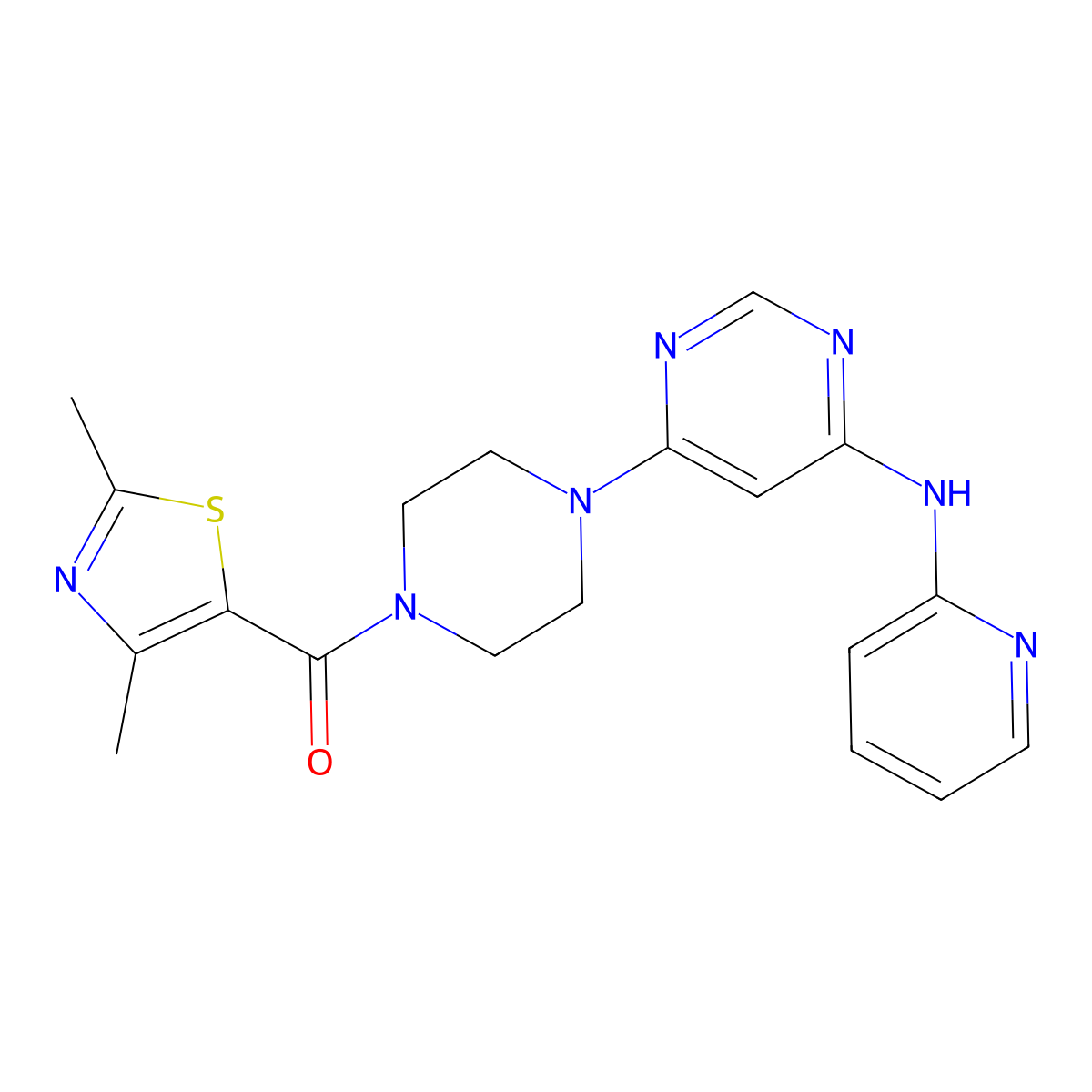 (2,4-Dimethylthiazol-5-yl)(4-(6-(pyridin-2-ylamino)pyrimidin-4-yl)piperazin-1-yl)methanone molecular structure, CAS 1428373-39-0