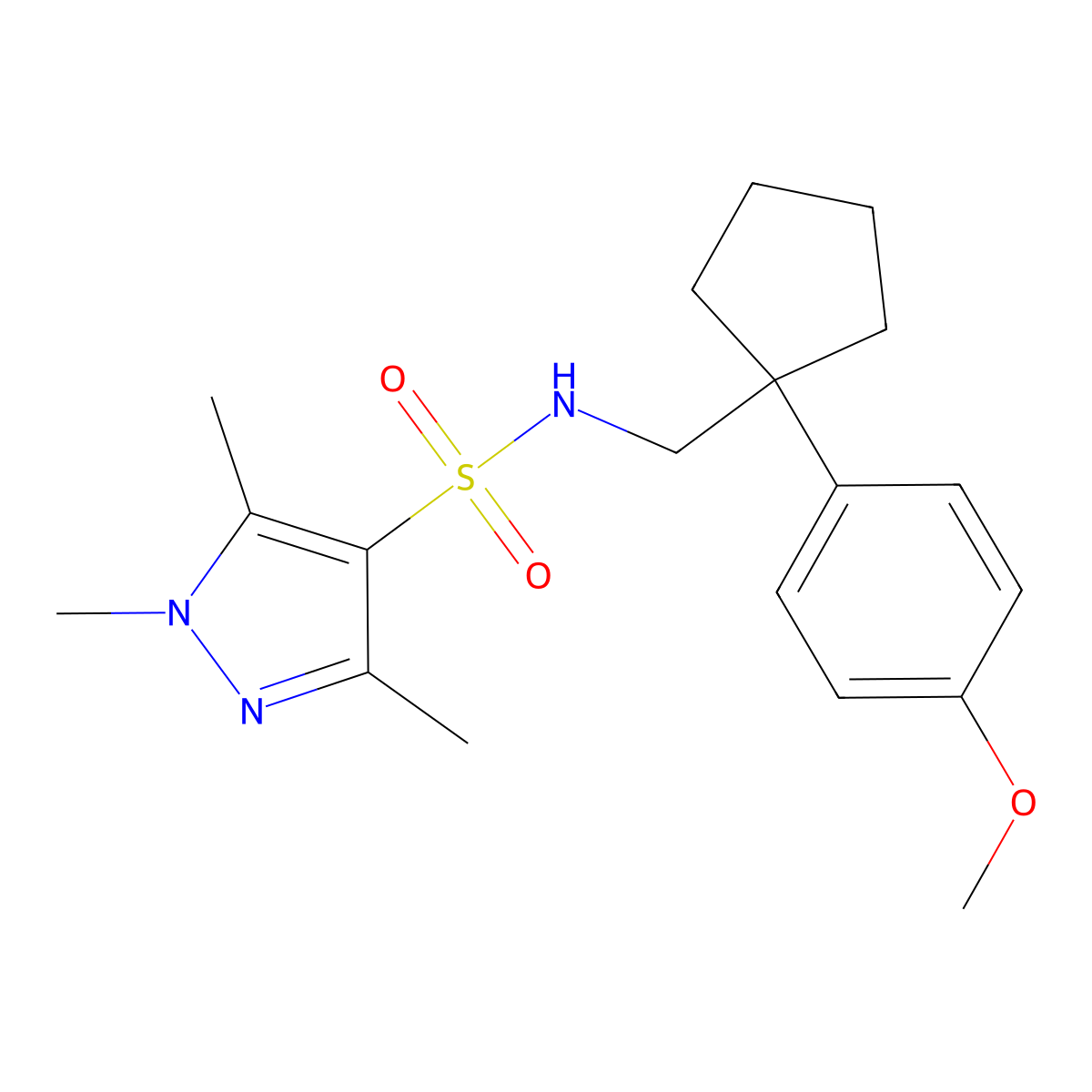 N-{[1-(4-methoxyphenyl)cyclopentyl]methyl}-1,3,5-trimethyl-1H-pyrazole-4-sulfonamide molecular structure, CAS 1428373-44-7
