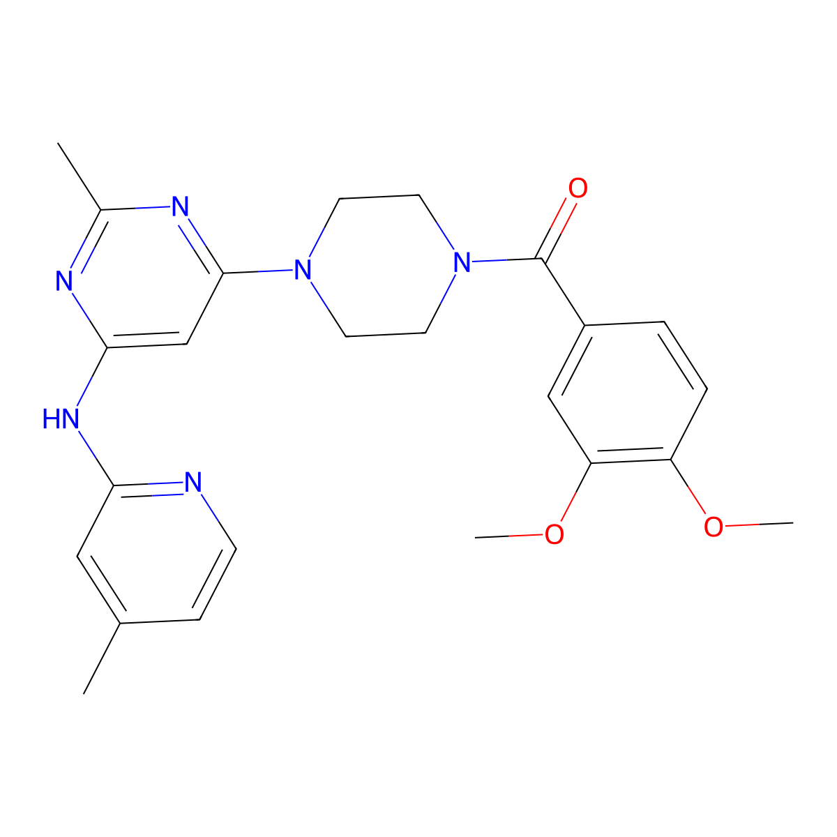 (3,4-Dimethoxyphenyl)(4-(2-methyl-6-((4-methylpyridin-2-yl)amino)pyrimidin-4-yl)piperazin-1-yl)methanone molecular structure, CAS 1428373-52-7