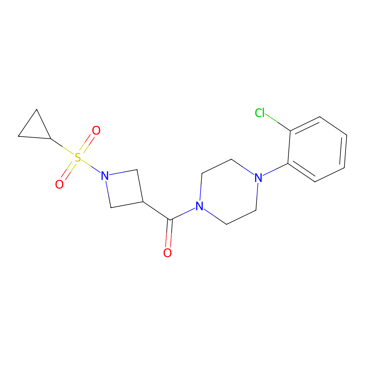(4-(2-Chlorophenyl)piperazin-1-yl)(1-(cyclopropylsulfonyl)azetidin-3-yl)methanone molecular structure, CAS 1428373-55-0
