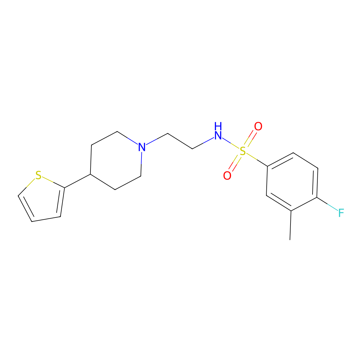4-fluoro-3-methyl-N-(2-(4-(thiophen-2-yl)piperidin-1-yl)ethyl)benzenesulfonamide molecular structure, CAS 1428373-62-9