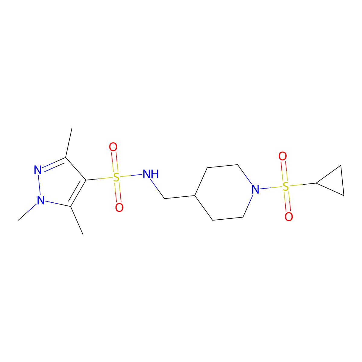 N-((1-(cyclopropylsulfonyl)piperidin-4-yl)methyl)-1,3,5-trimethyl-1H-pyrazole-4-sulfonamide molecular structure, CAS 1428373-64-1