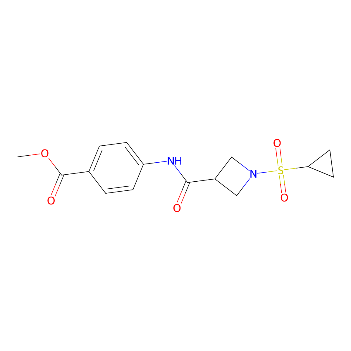 Methyl 4-(1-(cyclopropylsulfonyl)azetidine-3-carboxamido)benzoate molecular structure, CAS 1428373-65-2