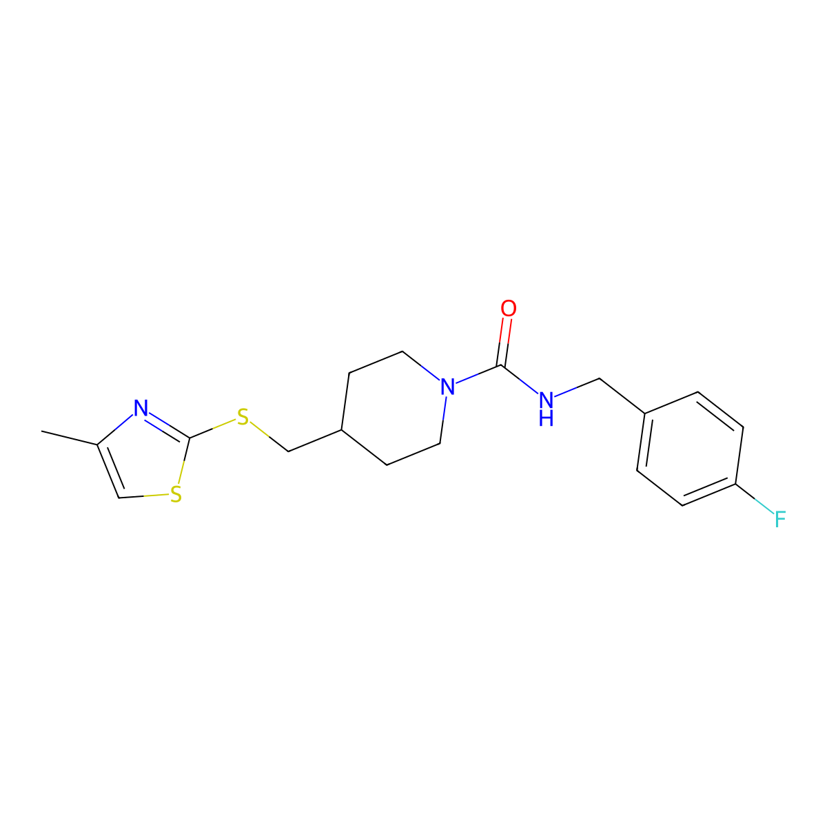 N-(4-fluorobenzyl)-4-(((4-methylthiazol-2-yl)thio)methyl)piperidine-1-carboxamide molecular structure, CAS 1428373-83-4