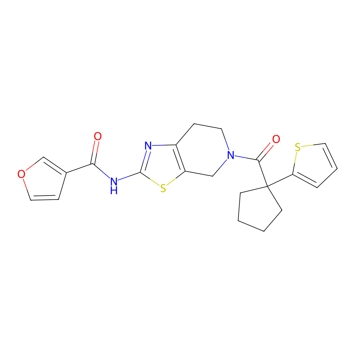 N-(5-(1-(thiophen-2-yl)cyclopentanecarbonyl)-4,5,6,7-tetrahydrothiazolo[5,4-c]pyridin-2-yl)furan-3-carboxamide molecular structure, CAS 1428373-88-9