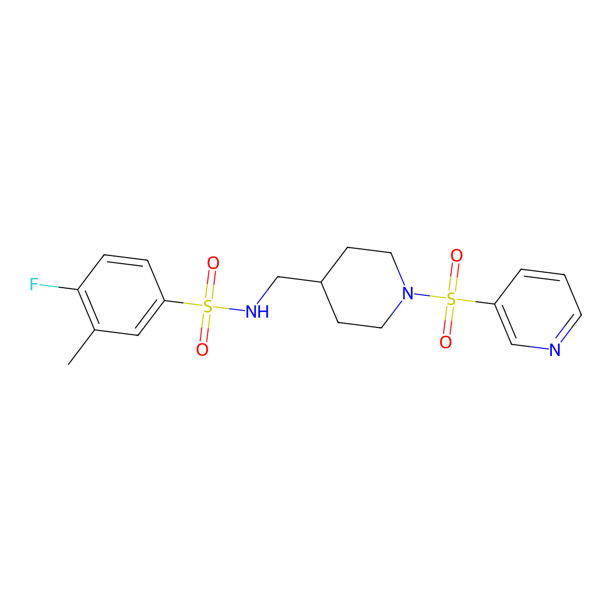 4-fluoro-3-methyl-N-((1-(pyridin-3-ylsulfonyl)piperidin-4-yl)methyl)benzenesulfonamide molecular structure, CAS 1428373-92-5