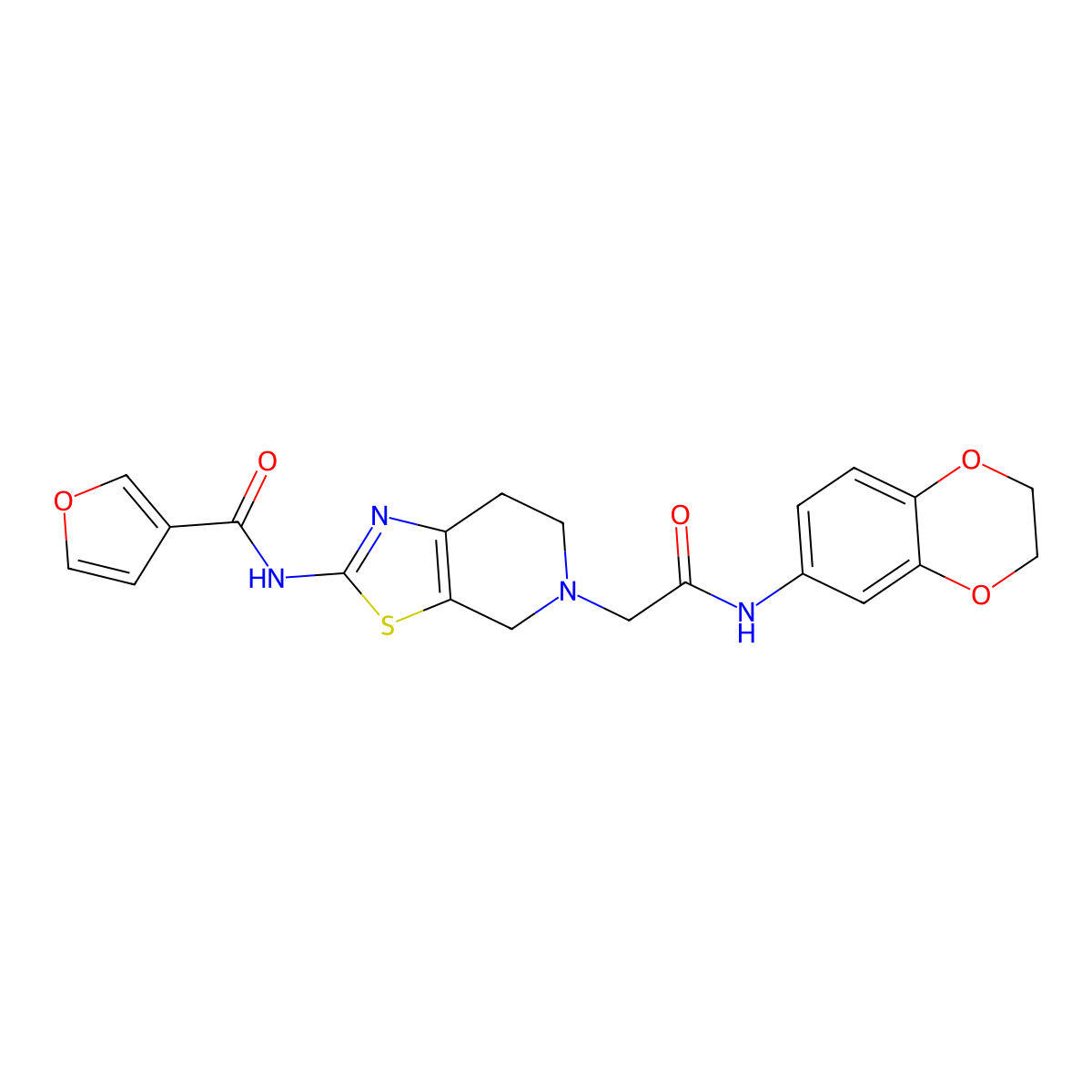 N-(5-(2-((2,3-dihydrobenzo[b][1,4]dioxin-6-yl)amino)-2-oxoethyl)-4,5,6,7-tetrahydrothiazolo[5,4-c]pyridin-2-yl)furan-3-carboxamide molecular structure, CAS 1428373-94-7