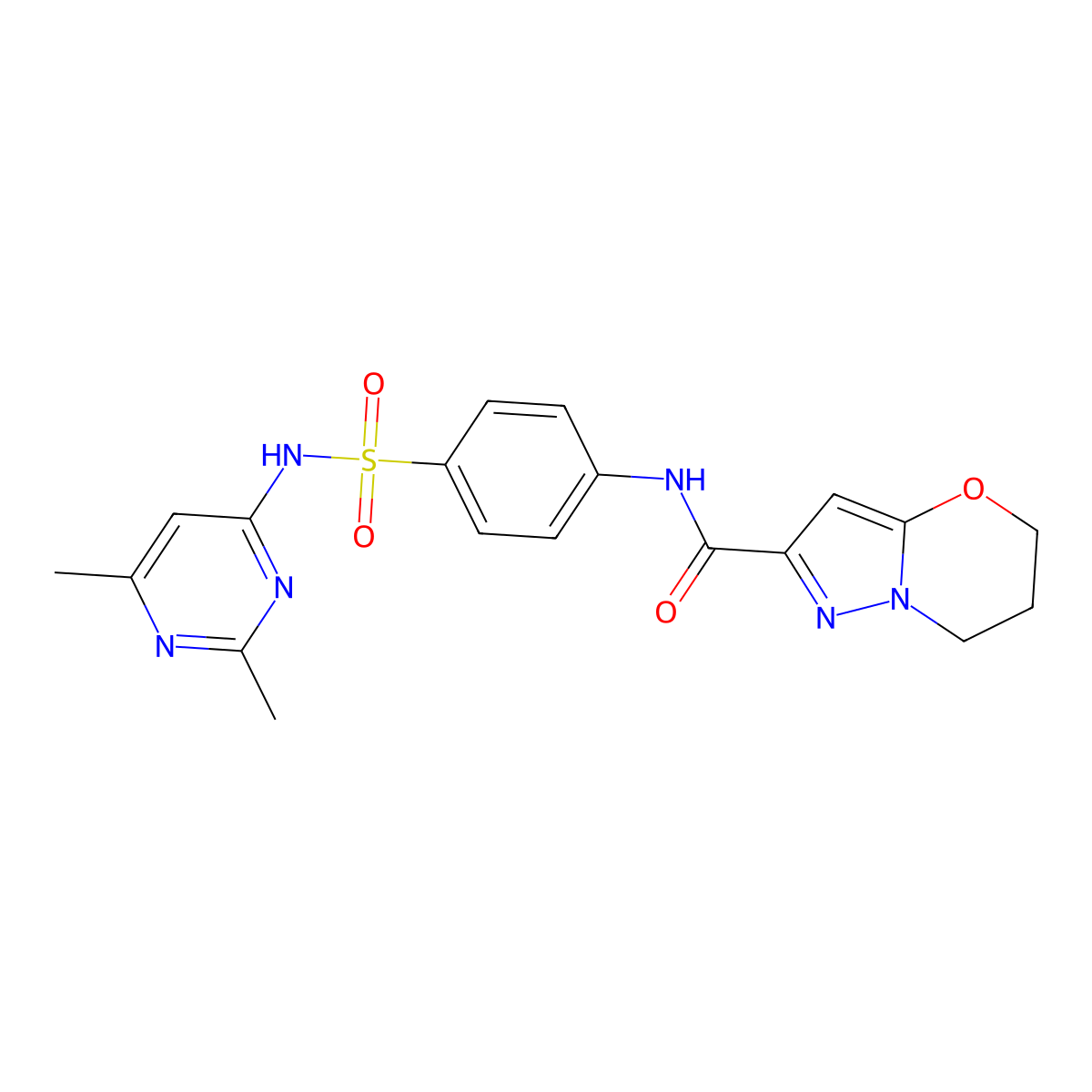 N-(4-(N-(2,6-dimethylpyrimidin-4-yl)sulfamoyl)phenyl)-6,7-dihydro-5H-pyrazolo[5,1-b][1,3]oxazine-2-carboxamide molecular structure, CAS 1428374-00-8
